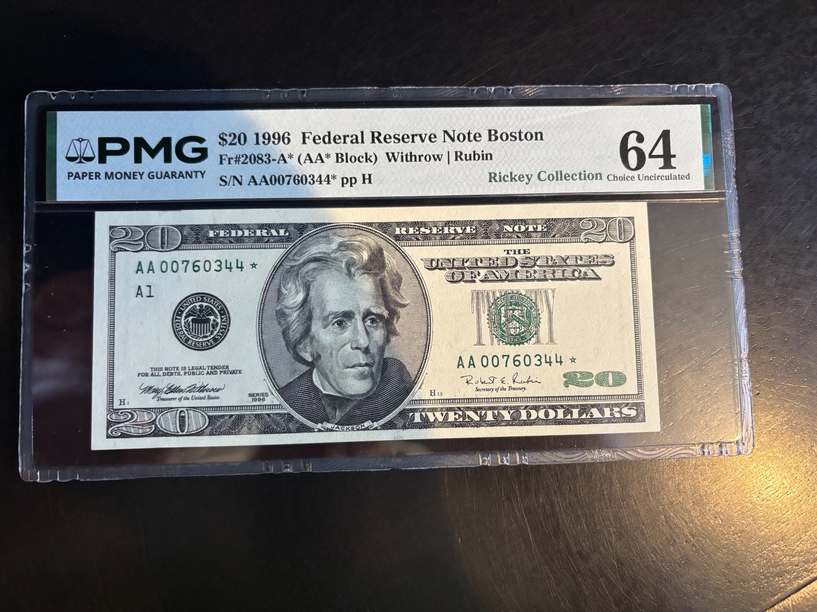 DBR 1996 $20 FRN Boston STAR Fr. 2083-A* PMG 64 Serial AA00760344*