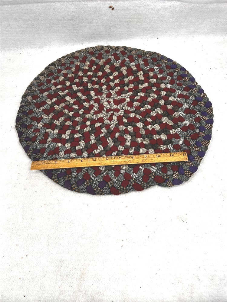 antique wool hand braided chair mat pad red gray 16x17 in. original 1950s