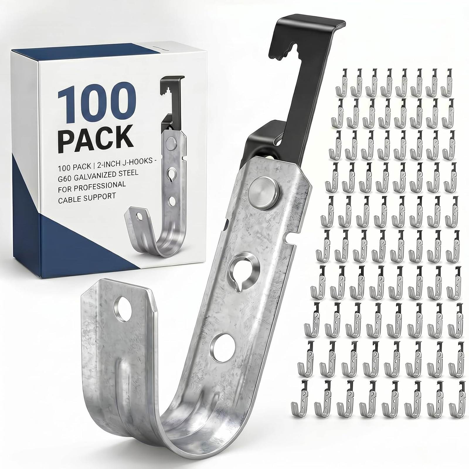 100 Pcs Metal J Hooks with Bat Wing Cable Support, 2 Inch