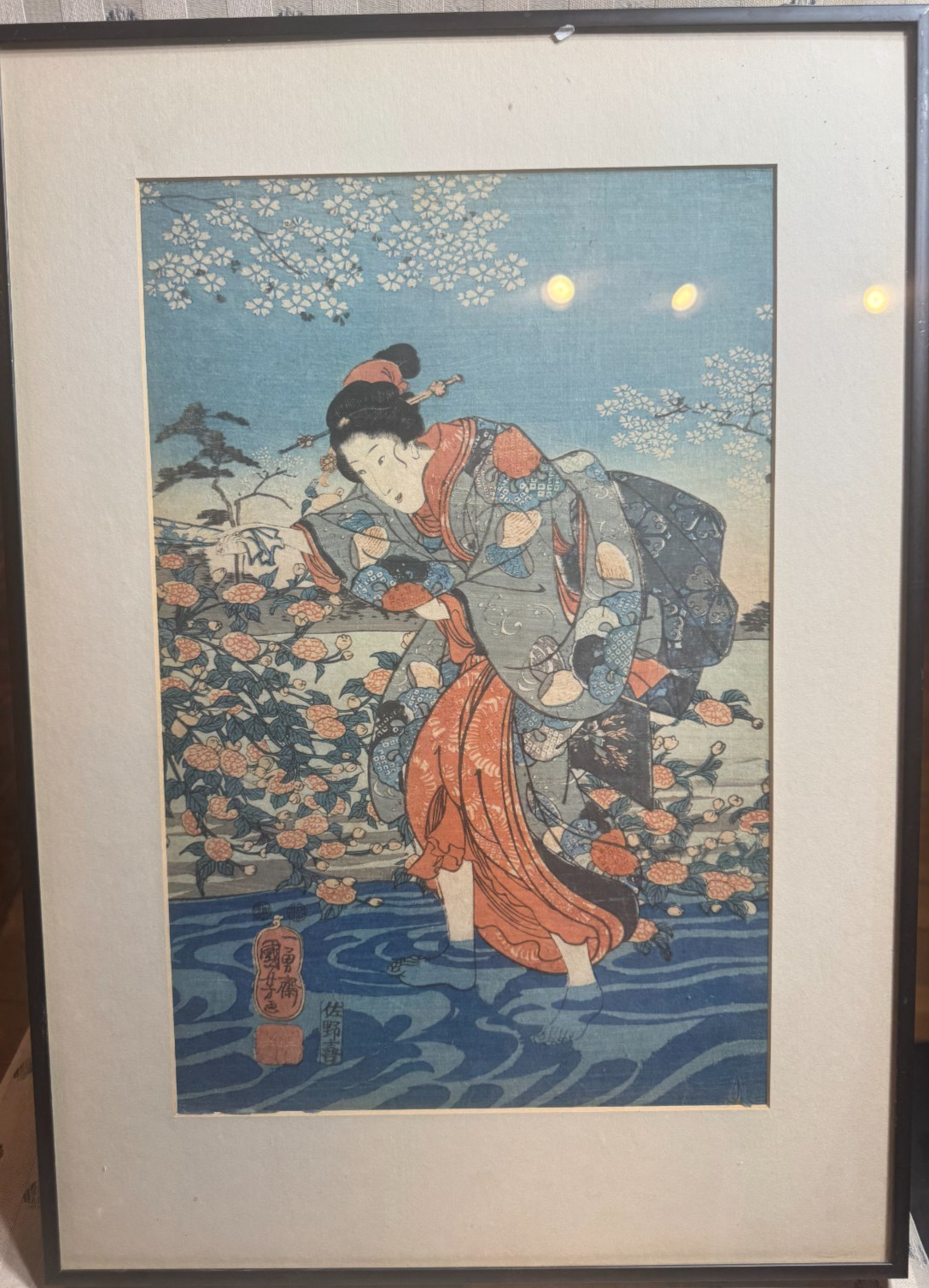 Antique Utagawa Kuniyoshi Ide Jewel River Woman Woodblock Print Framed VG 18x14