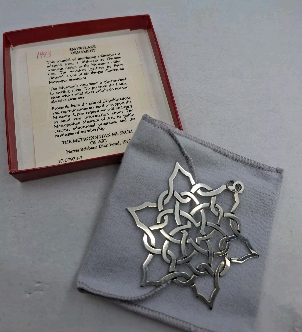 925 1993 Metropolitan Museum Of Art New York Snowflake Ornament Orig Box 10.8g
