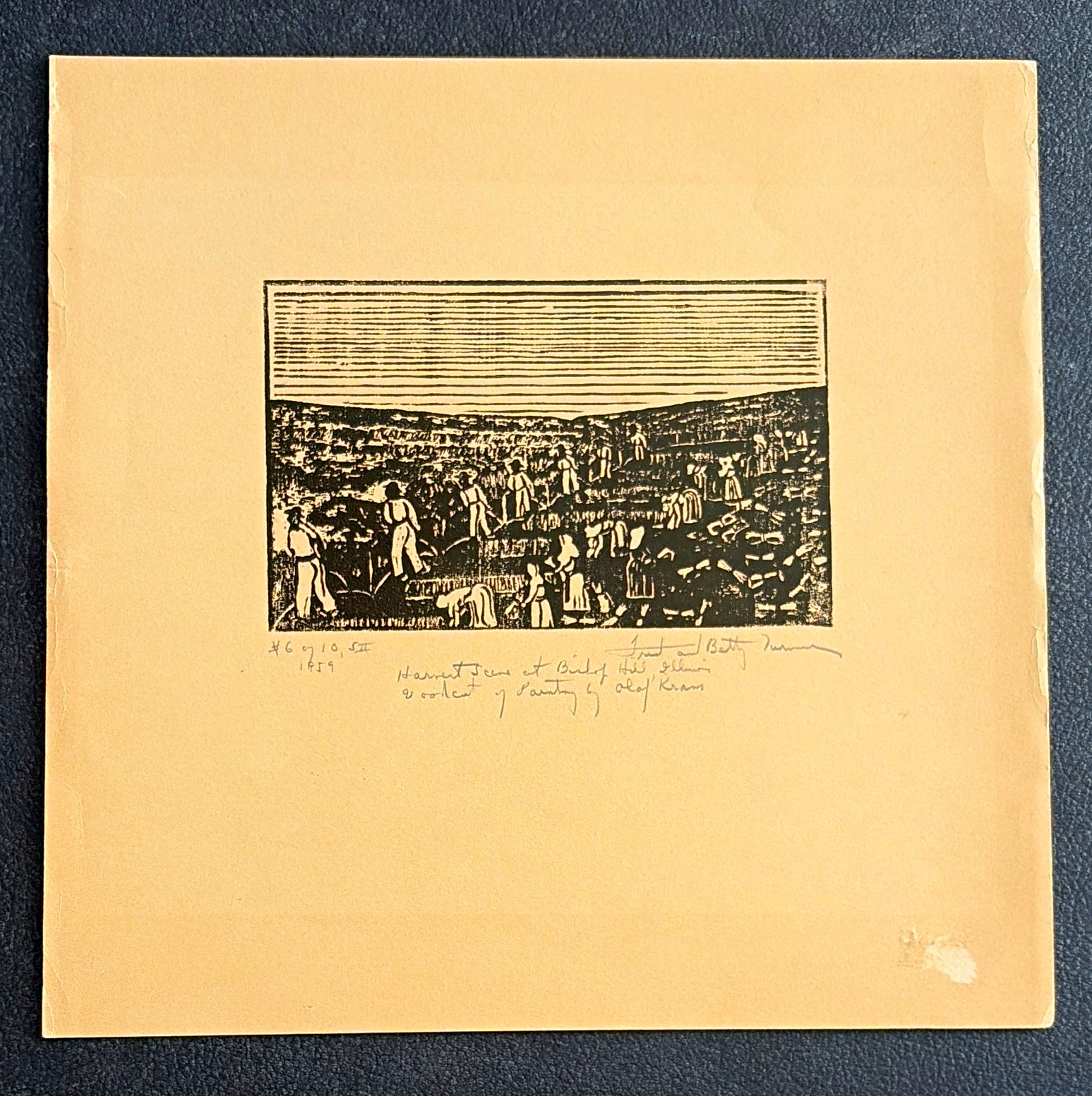 Betty Turner Harvest Scene at Baly Hill, Illinois Woodcut Print Signed 1959