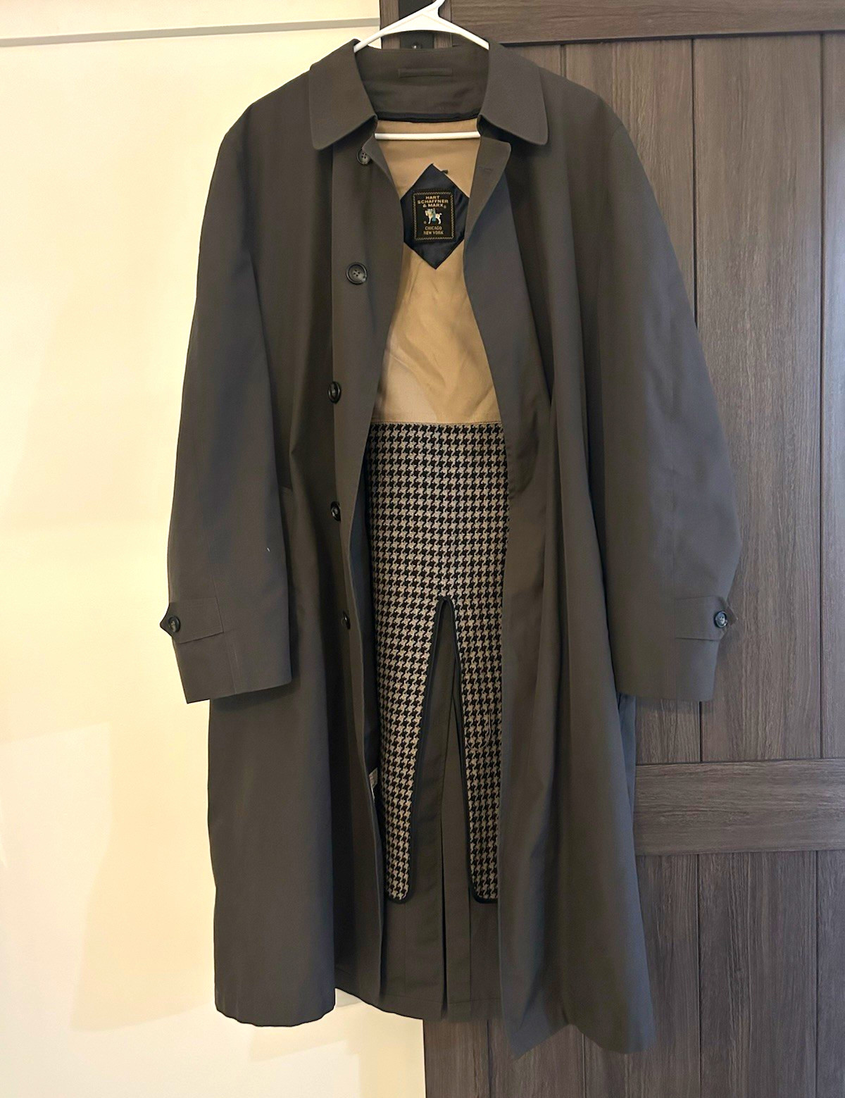 Vintage Hart Schaffner Marx Trench Coat 44 Long Grey Houndstooth Wool Liner