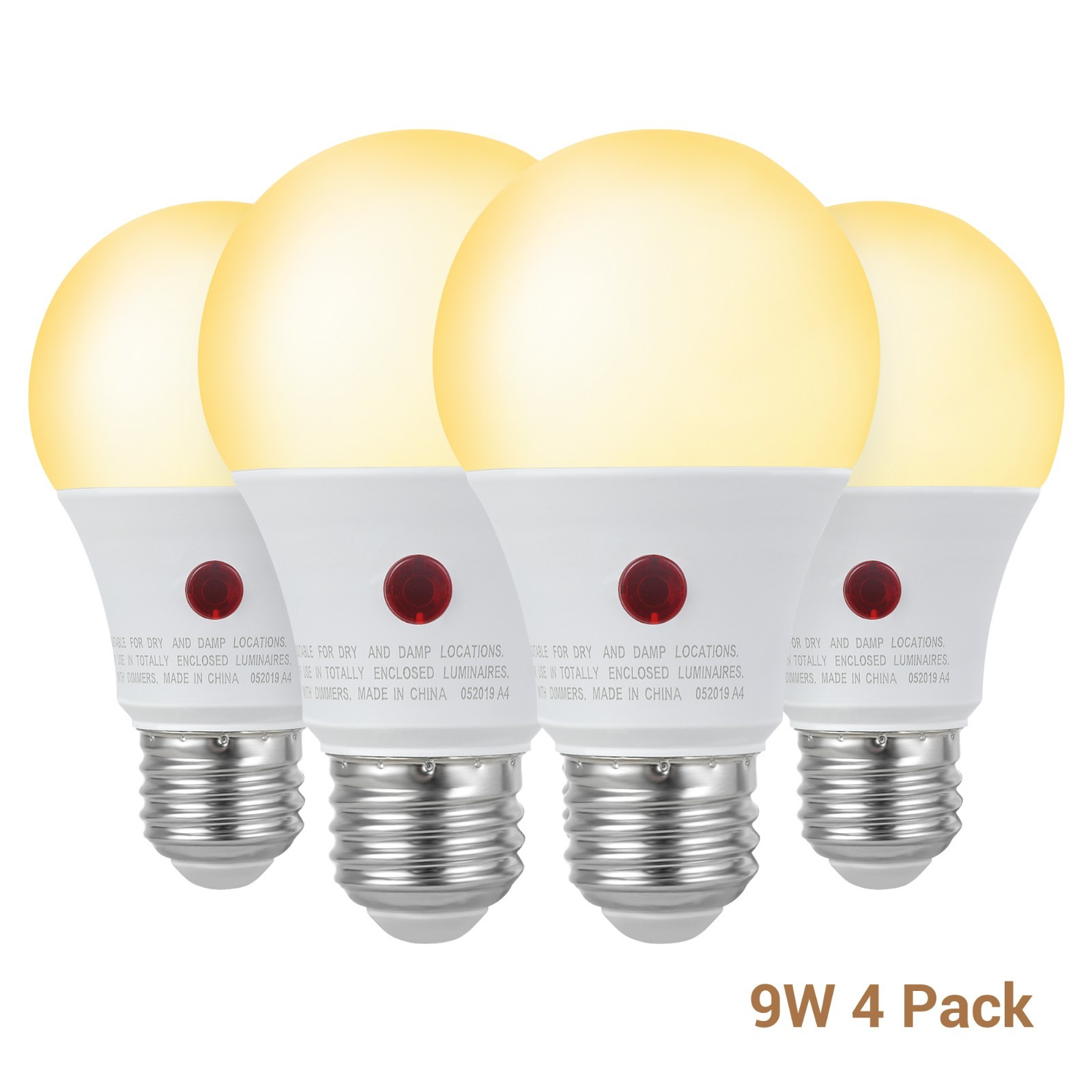 4 Pack A19 Dusk to Dawn LED Light Bulbs Outdoor, 9W (60W Equivalent) LED Light