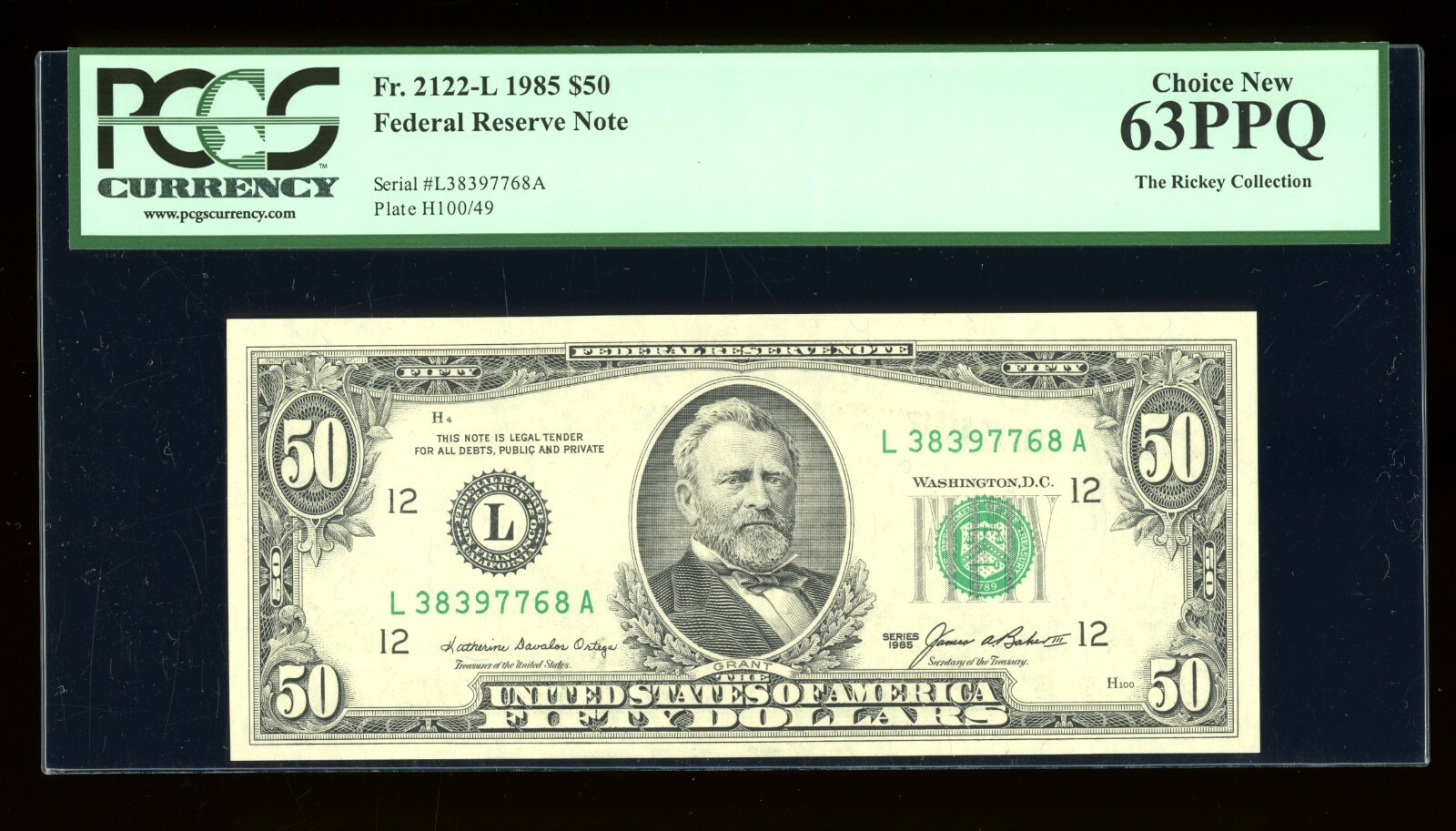DBR 1985 $50 FRN San Francisco Fr. 2122-L PCGS 63 PPQ Serial L38397768A
