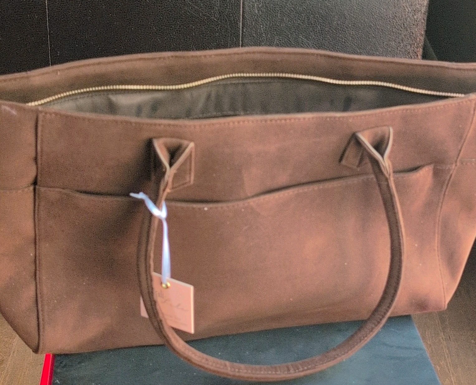 Mali + Lili Faux Suede Tote Bag Chocolate Brown NWT Large Zip Top $98