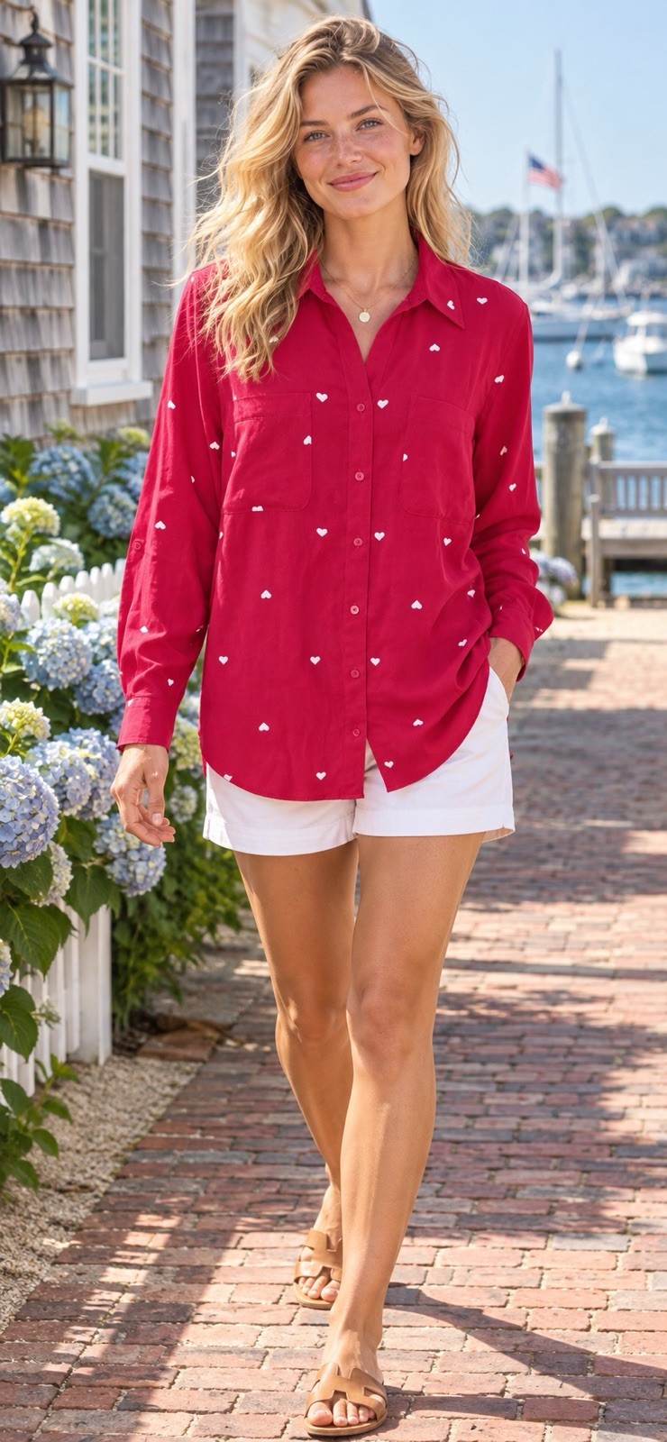 Talbots Women\'s Pink Heart Print Button Down Shirt Long Sleeve Pockets L