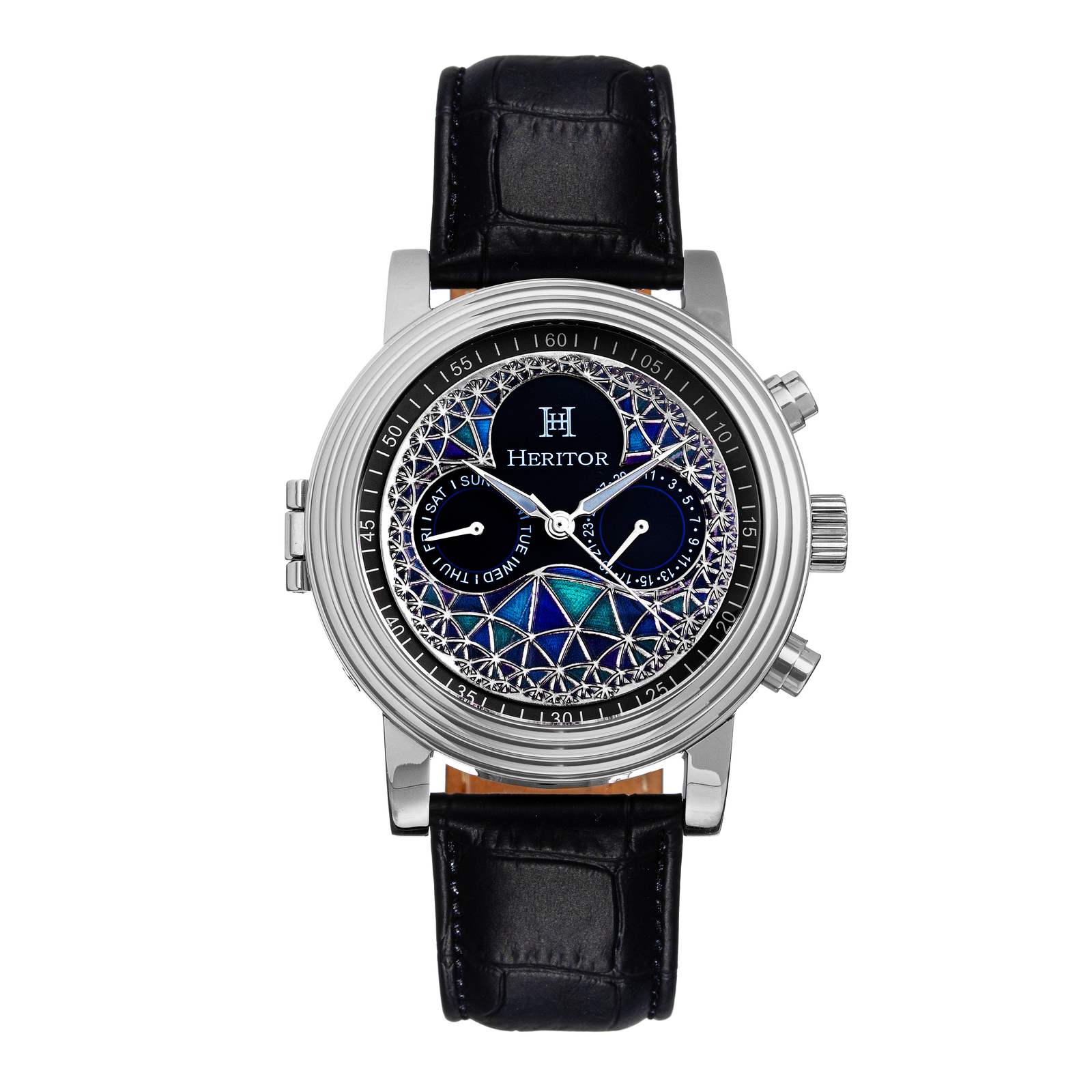 Heritor Automatic Legacy Leather-Band Watch w/Day/Date - Silver/Black Heritor Automatic Legacy Leather-Band Watch w/Day/Date - Silver/Black