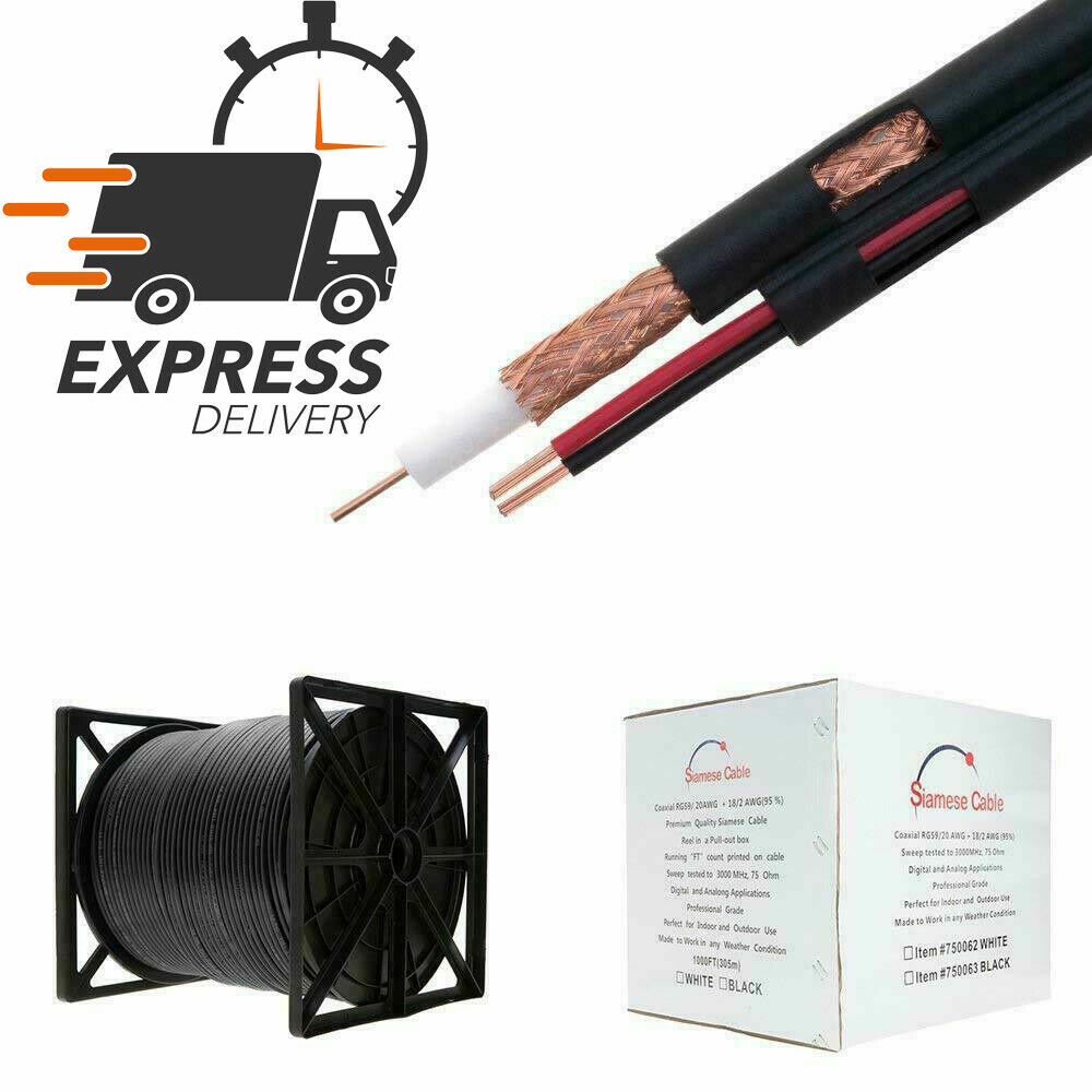 RG59 18/2 Cable Siamese 1000ft 500ft 250ft Security Camera CCTV Bulk Coax Wire N RG59 18/2 Cable Siamese 1000ft 500ft 250ft Security Camera CCTV Bulk Coax Wire N