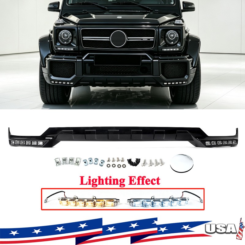 W/LED Front Bumper Splitter Lip Fits 1990-18 Benz W463 G550 G500 G63 Gloss Black