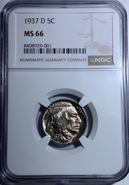 1937D Buffalo Nickel 5C - NGC MS66 - Obverse is almost mirror proof 1937D Buffalo Nickel 5C - NGC MS66 - Obverse is almost mirror proof