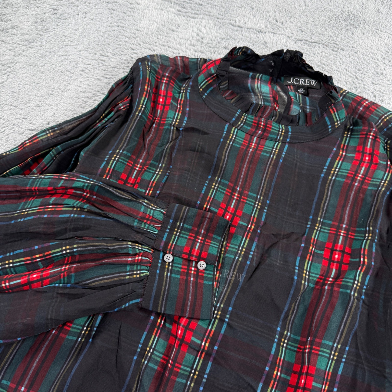 J.Crew Plaid Blouse Womens 3X Black Red Green Excellent Ruffle Neck Puff Sleeve