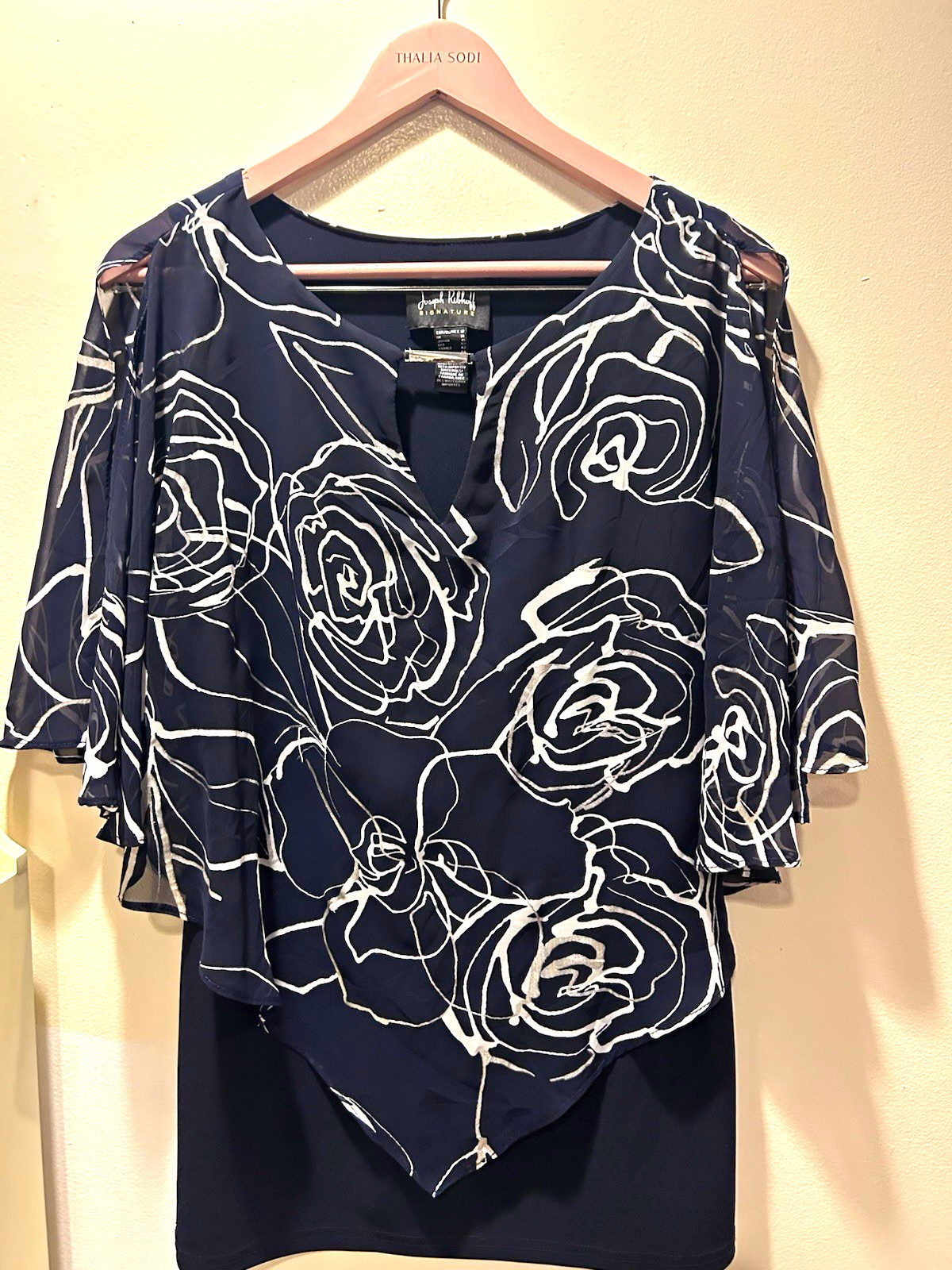Joseph Ribkoff Signature Women\'s 12 Navy White Floral V-Neck 3/4 Sleeve Blouse