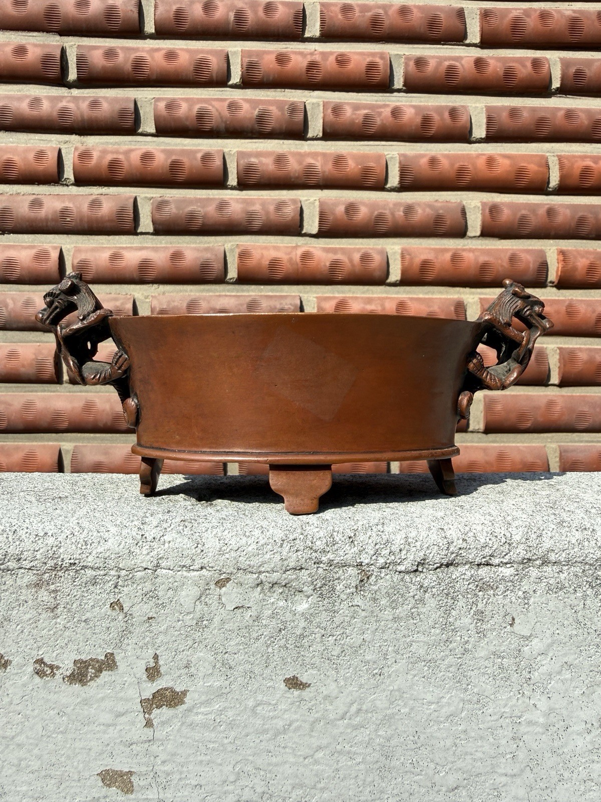 Vintage Chinese Red Copper Censer, Chi‑Dragon Handles, 4‑Footed Incense Burner