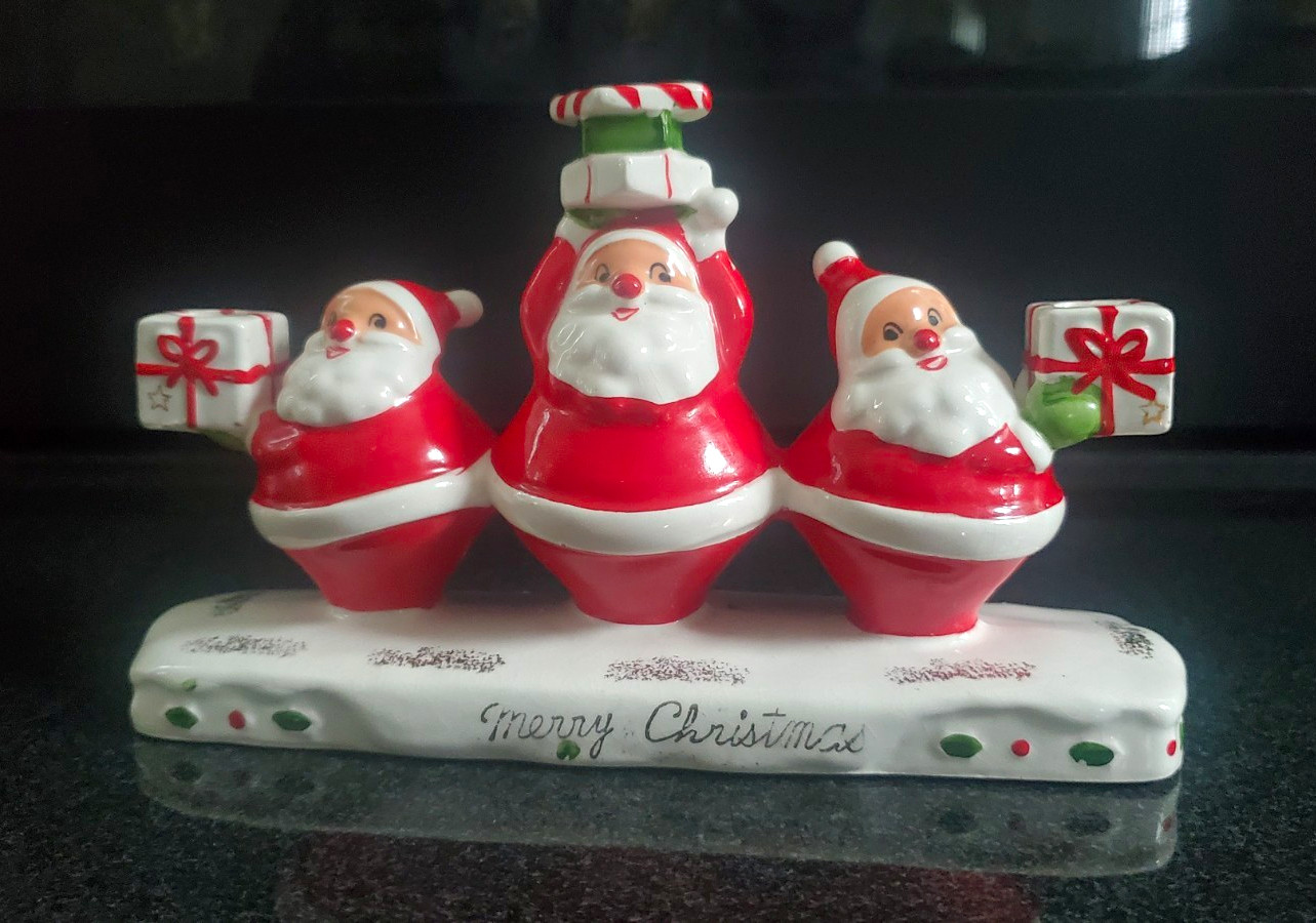 Vintage Holt Howard Ceramic Triple Santa Candleholder Merry Christmas
