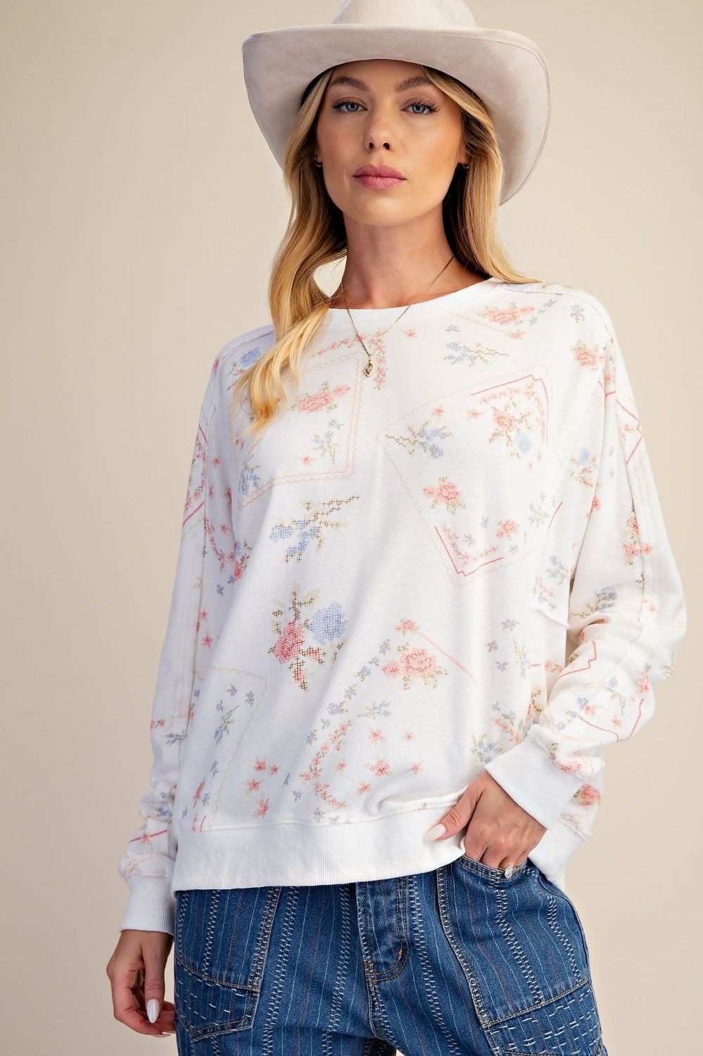 Easel Women\'s Floral Washed Long Sleeve Terry Knit Sweatshirt Top
