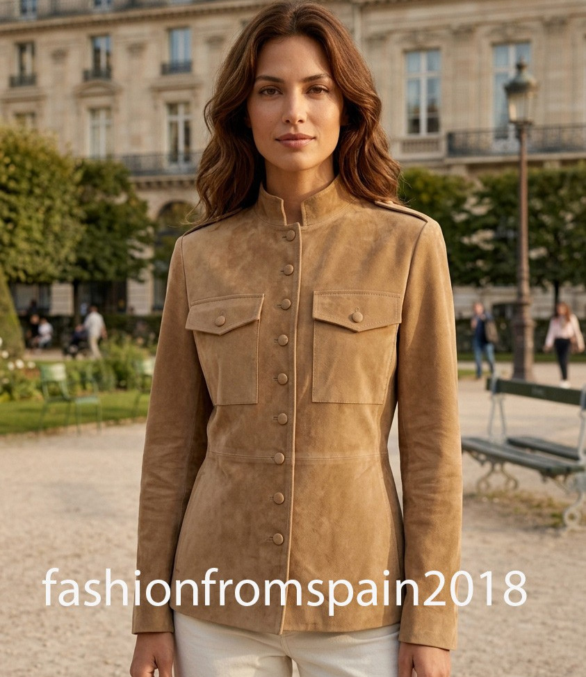 ZARA NEW WOMAN 100% LEATHER JACKET WITH COVERED BUTTONS TAUPE BROWN 3046/261/704