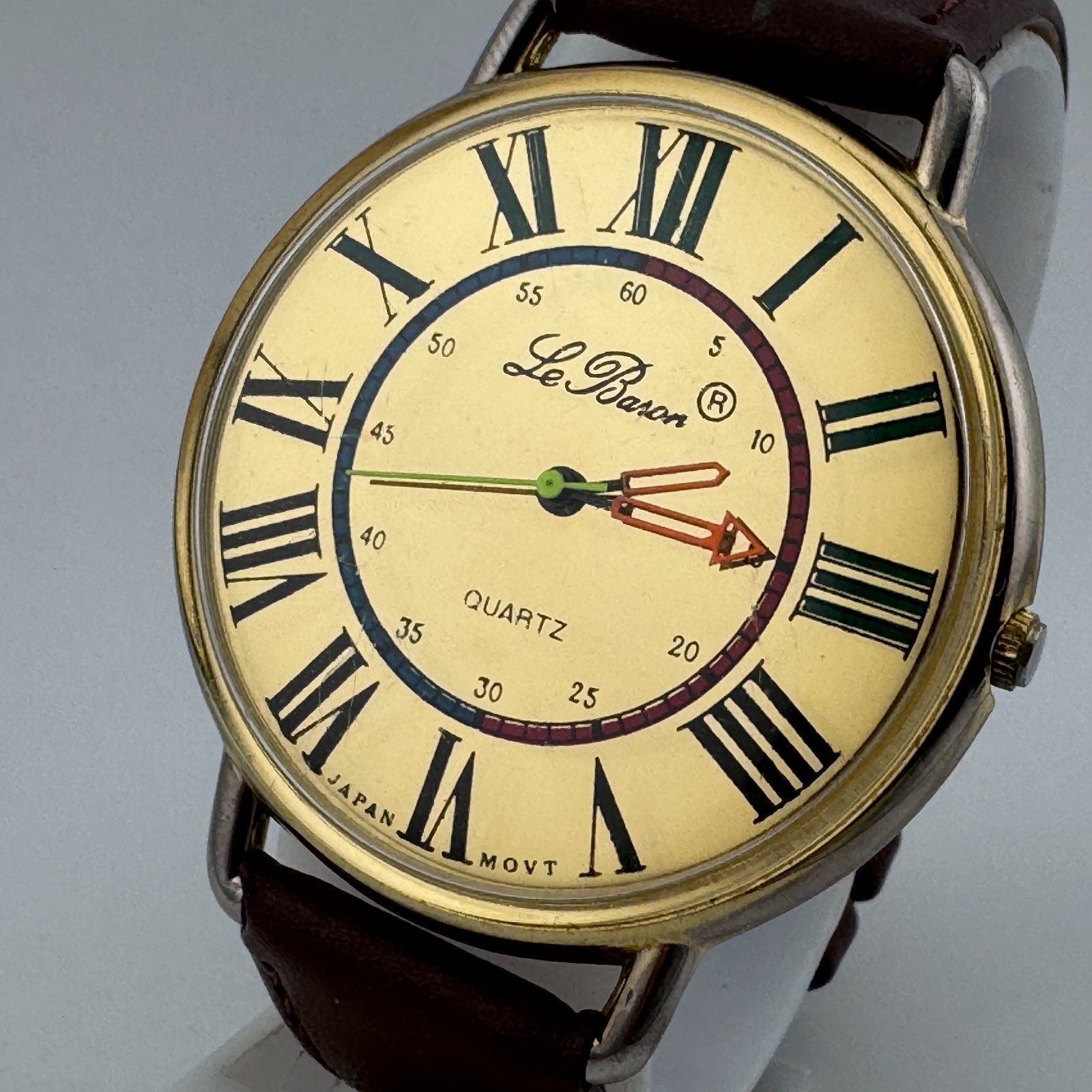 Vintage Le Baron Quartz Watch Men 43mm Gold Tone Mirror Dial Leather New Battery