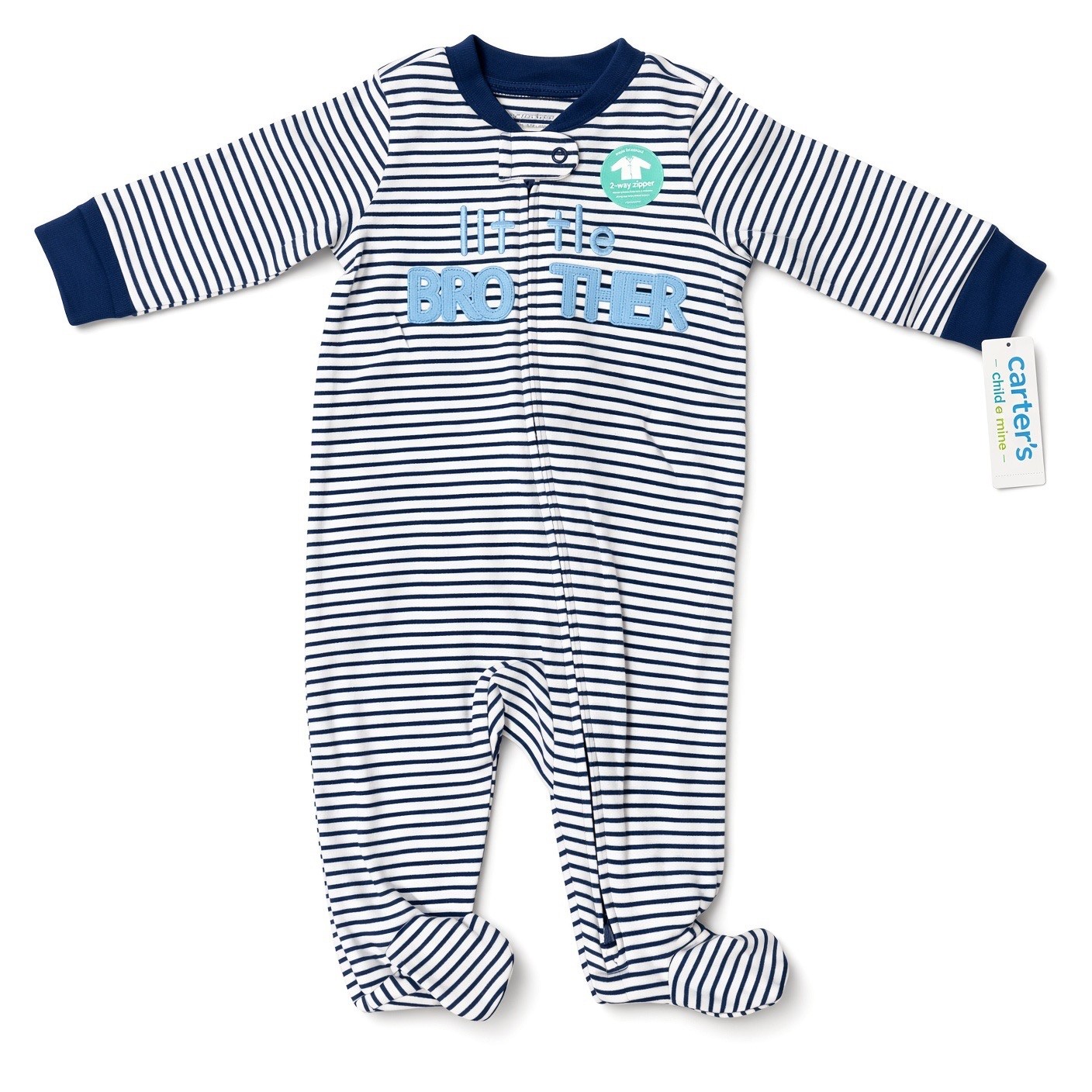 Carter’s little BROTHER Footed Sleeper 3-6M Navy White Stripe 2-Way Zipper