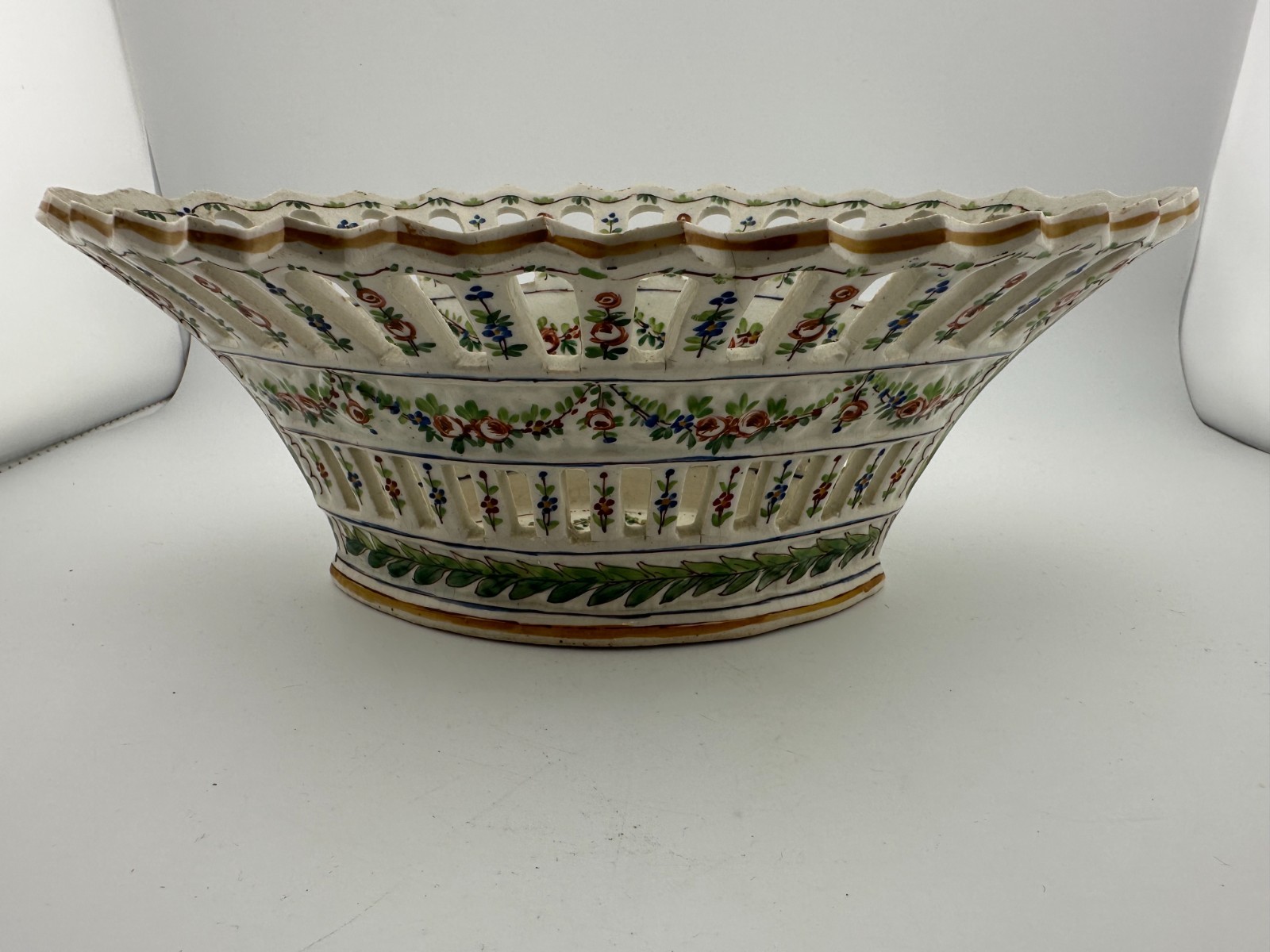 Antique Sevres Faience Reticulated Floral Centerpiece Basket 12.5 Inch