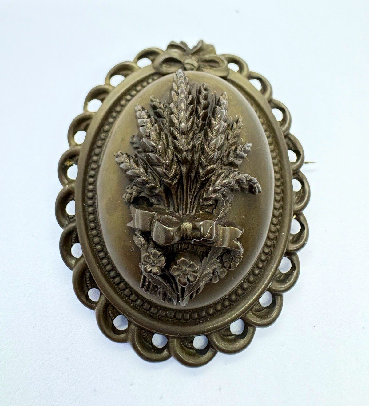 RARE Antique Victorian Vulcanite Mourning Locket Brooch 3D Wheat Sheaf c1870 RARE Antique Victorian Vulcanite Mourning Locket Brooch 3D Wheat Sheaf c1870