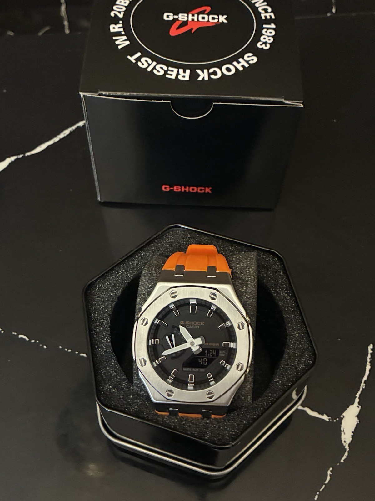 Casio G-Shock GA-2100 Custom Metal Case Orange Rubber Strap Watch w/ Box
