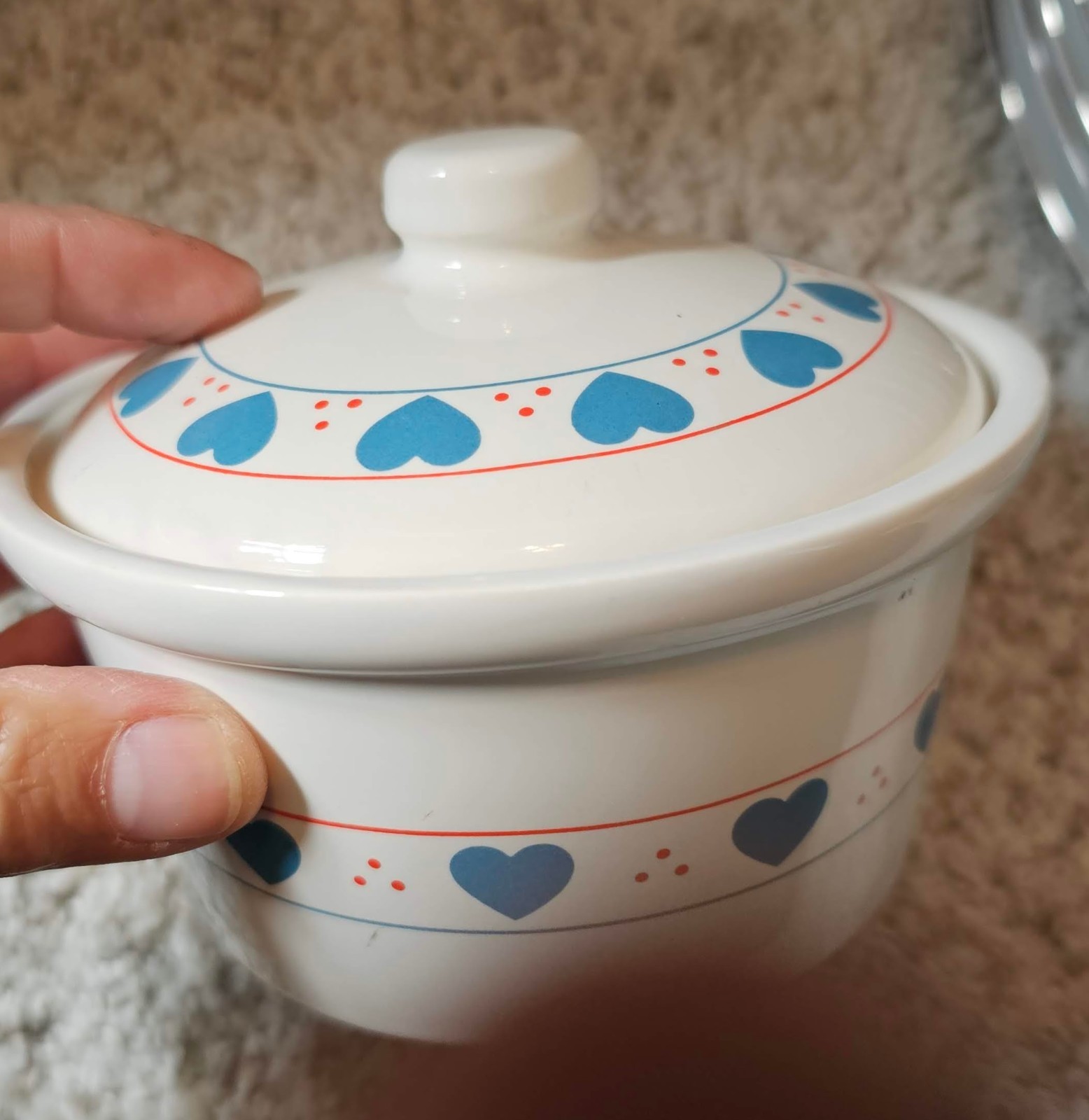 1980's Lullian Vernin Vintage Ceramic Canister White with Blue Hearts 