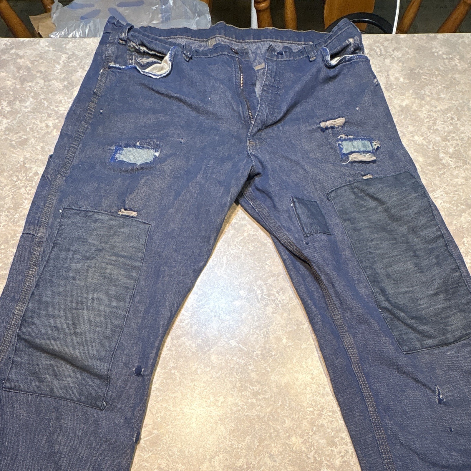 Vintage 60s/70s Distressed Carpenter Double Knee Denim Jeans Vintage Repairs. Vintage 60s/70s Distressed Carpenter Double Knee Denim Jeans Vintage Repairs.