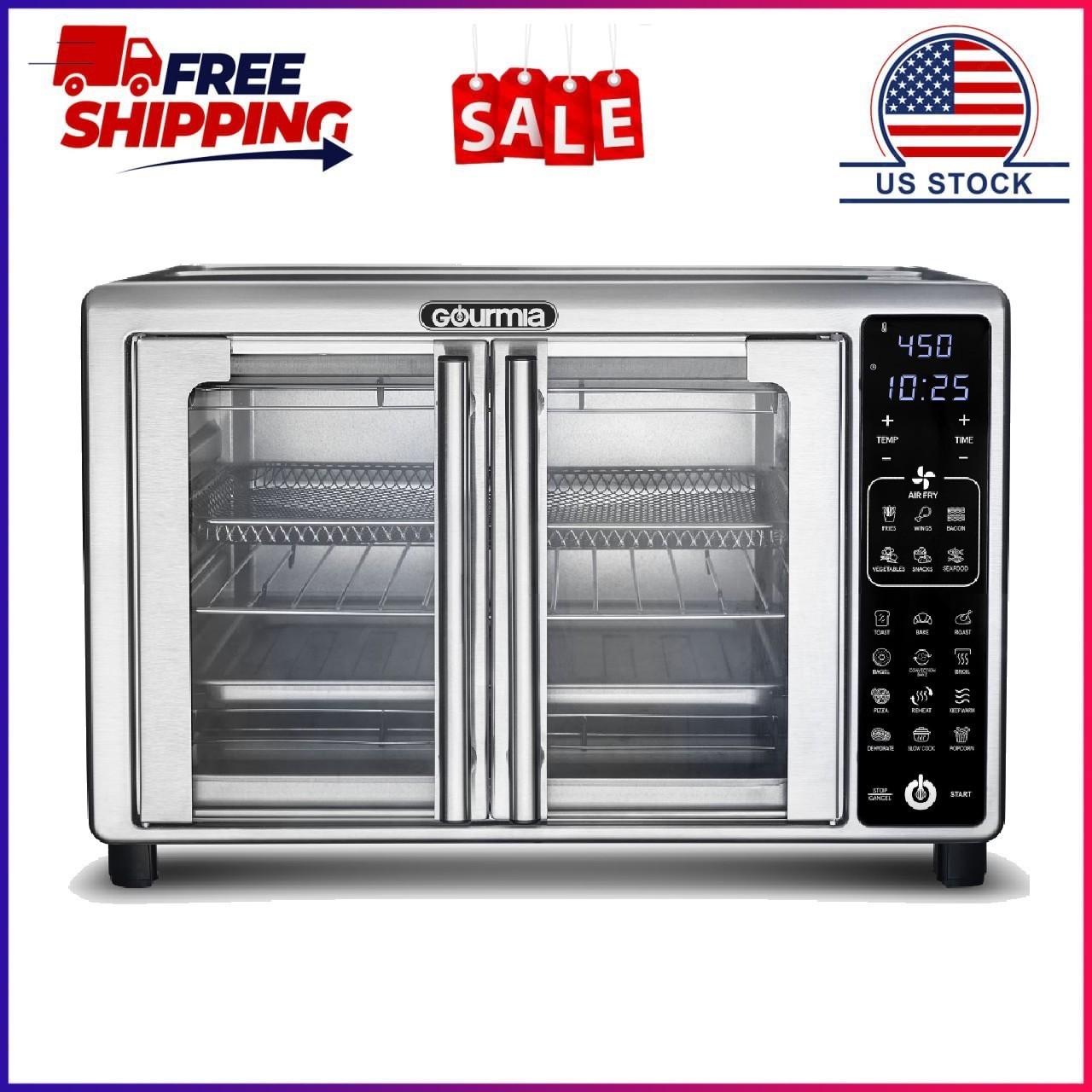 Gourmia French Door 6-Slice Digital Toaster Oven Air Fryer, 19 One-Touch Presets