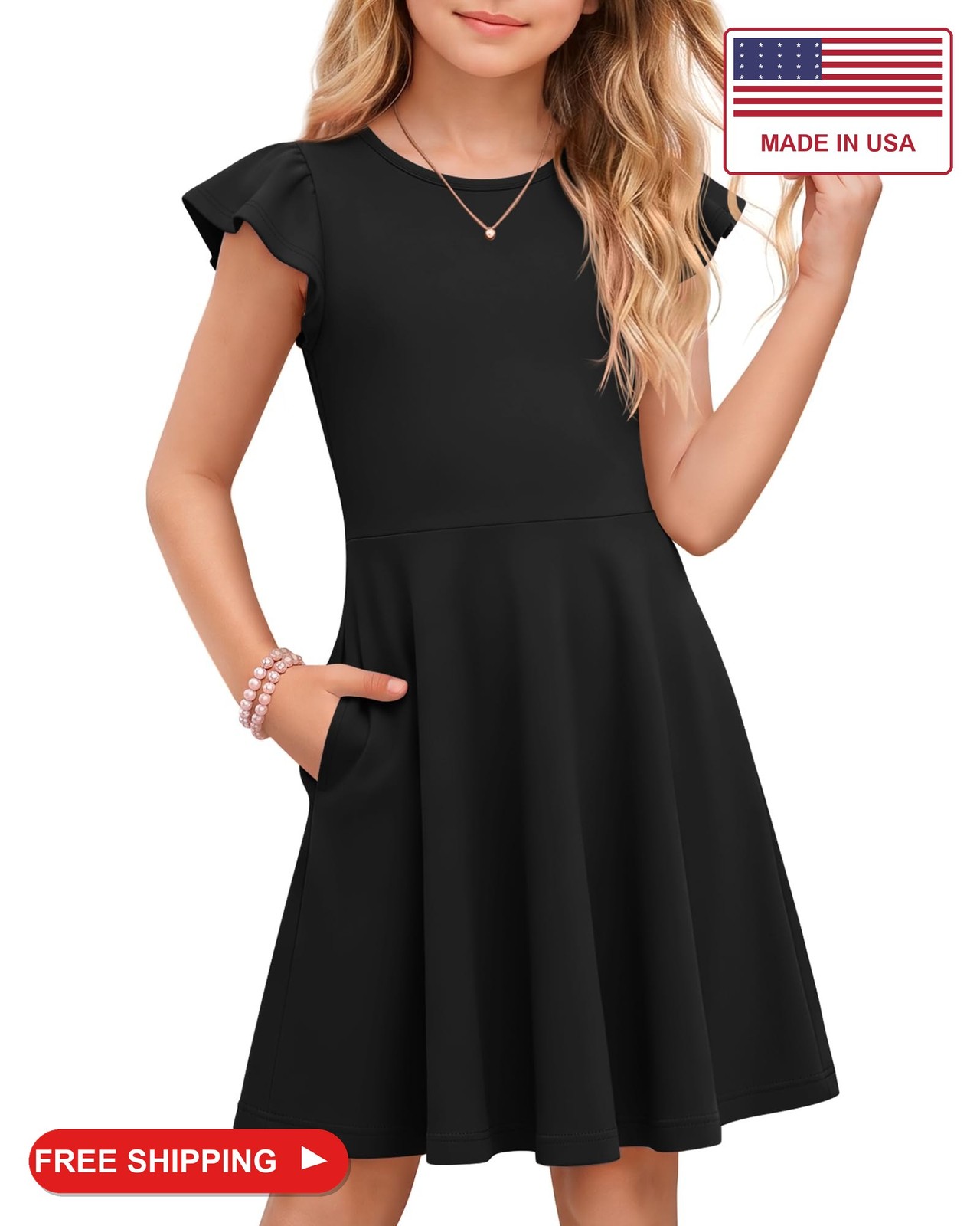 Custoneei Girls Dress Kids Flutter Sleeve Dress, Black, 9-10 Years Custoneei Girls Dress Kids Flutter Sleeve Dress, Black, 9-10 Years