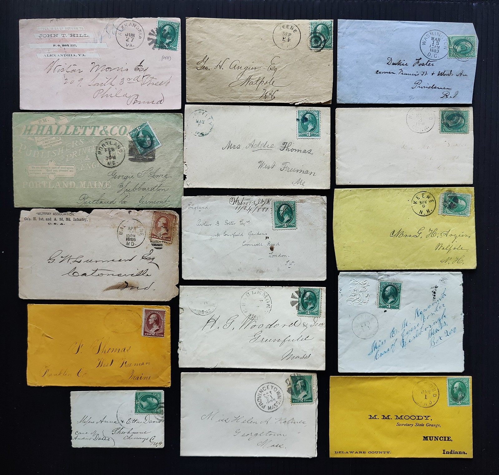 15 US Covers 1870s-1880s, Washington 2¢ & 3¢ Stamps