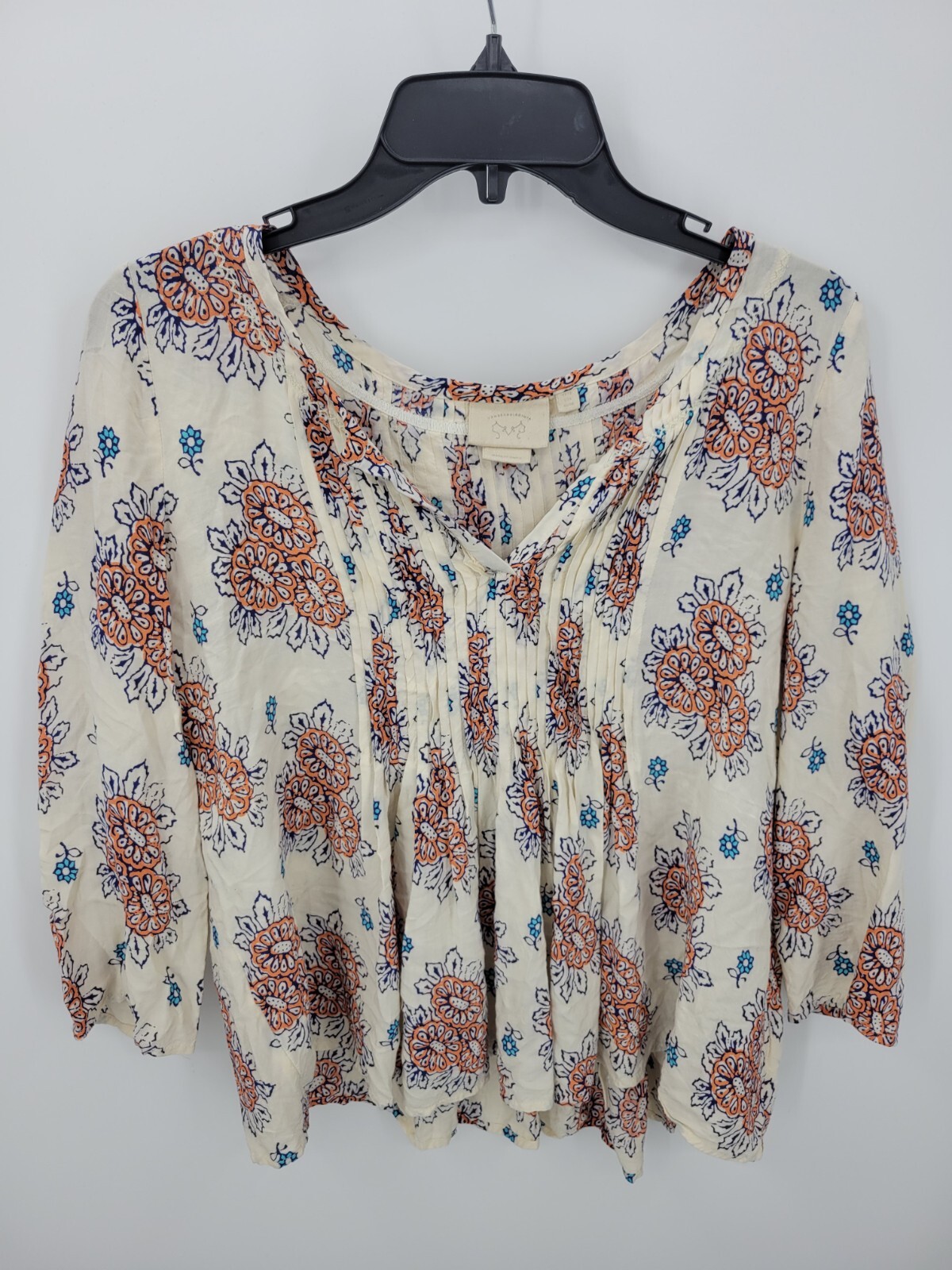 Vanessa Virginia Top Womens 6 Ivory Floral Long Sleeve Pleated Flowy Boho Blouse Vanessa Virginia Top Womens 6 Ivory Floral Long Sleeve Pleated Flowy Boho Blouse
