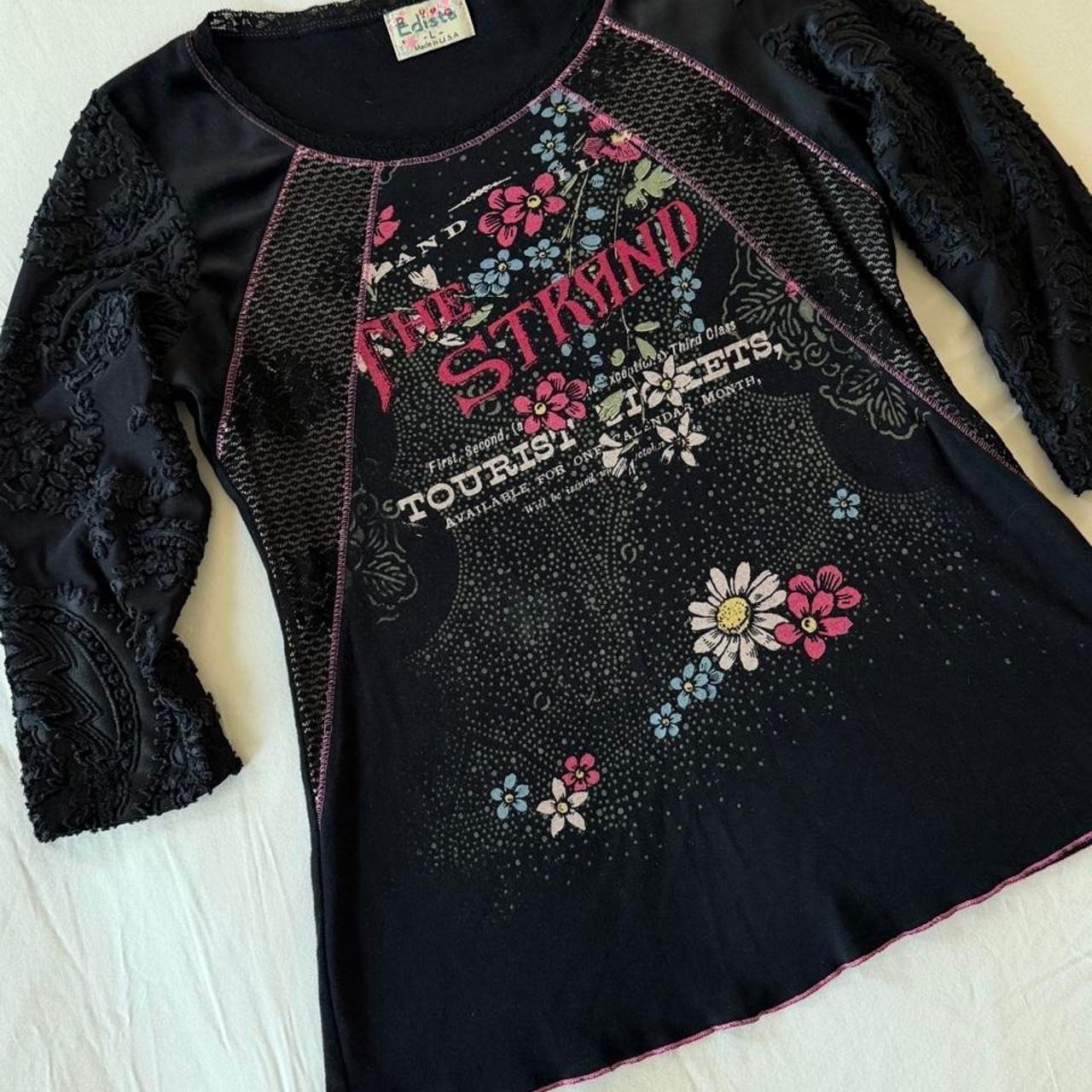 Edista Y2K Whimsy Boho Black Paisley 3/4 Sleeve Lace Scoop Neck Top Large Edista Y2K Whimsy Boho Black Paisley 3/4 Sleeve Lace Scoop Neck Top Large