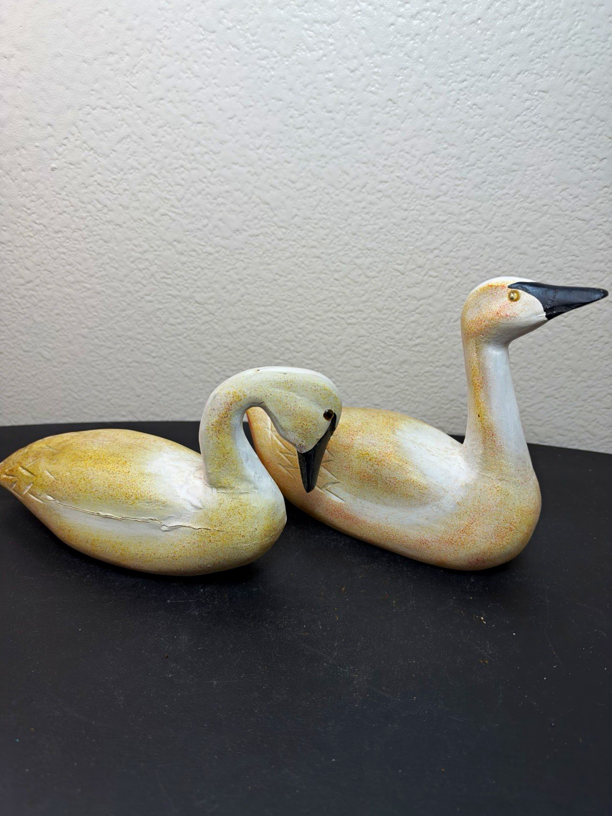 vintage primitive folk art hand-carved wooden swan decoy sculptures, set of 2