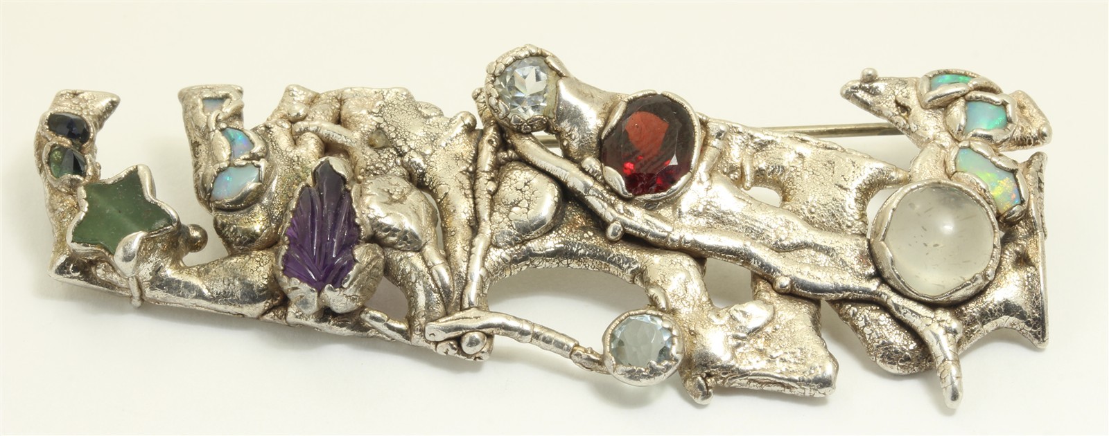 Artisan Sterling Silver Modernist Brutalist Multi Gemstone Brooch Pin w/ Opal