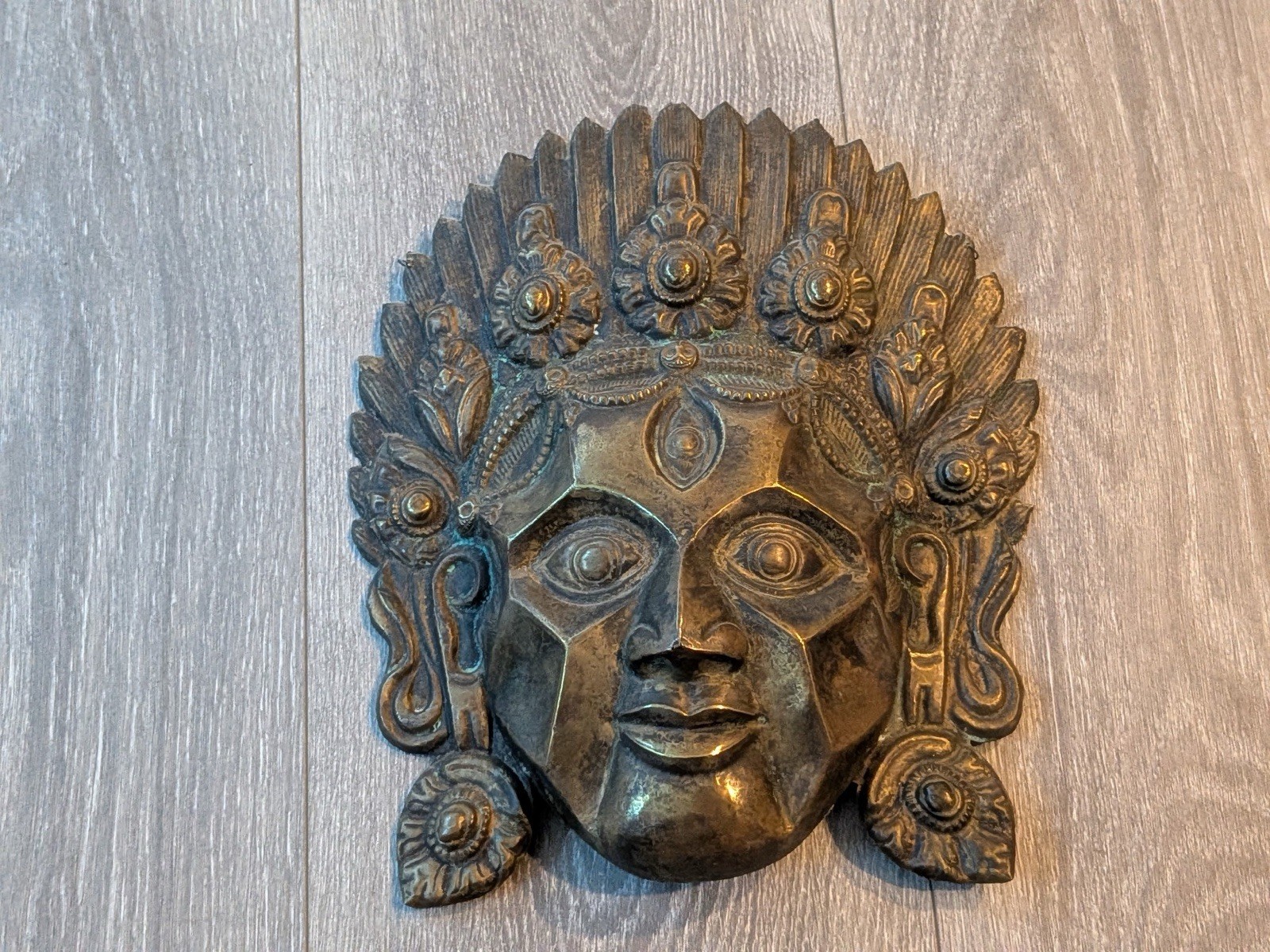 Vintage 1975-1985 Nepalese Metal Face Mask Ornate Folk Art Wall Decor 10 Inch Vintage 1975-1985 Nepalese Metal Face Mask Ornate Folk Art Wall Decor 10 Inch