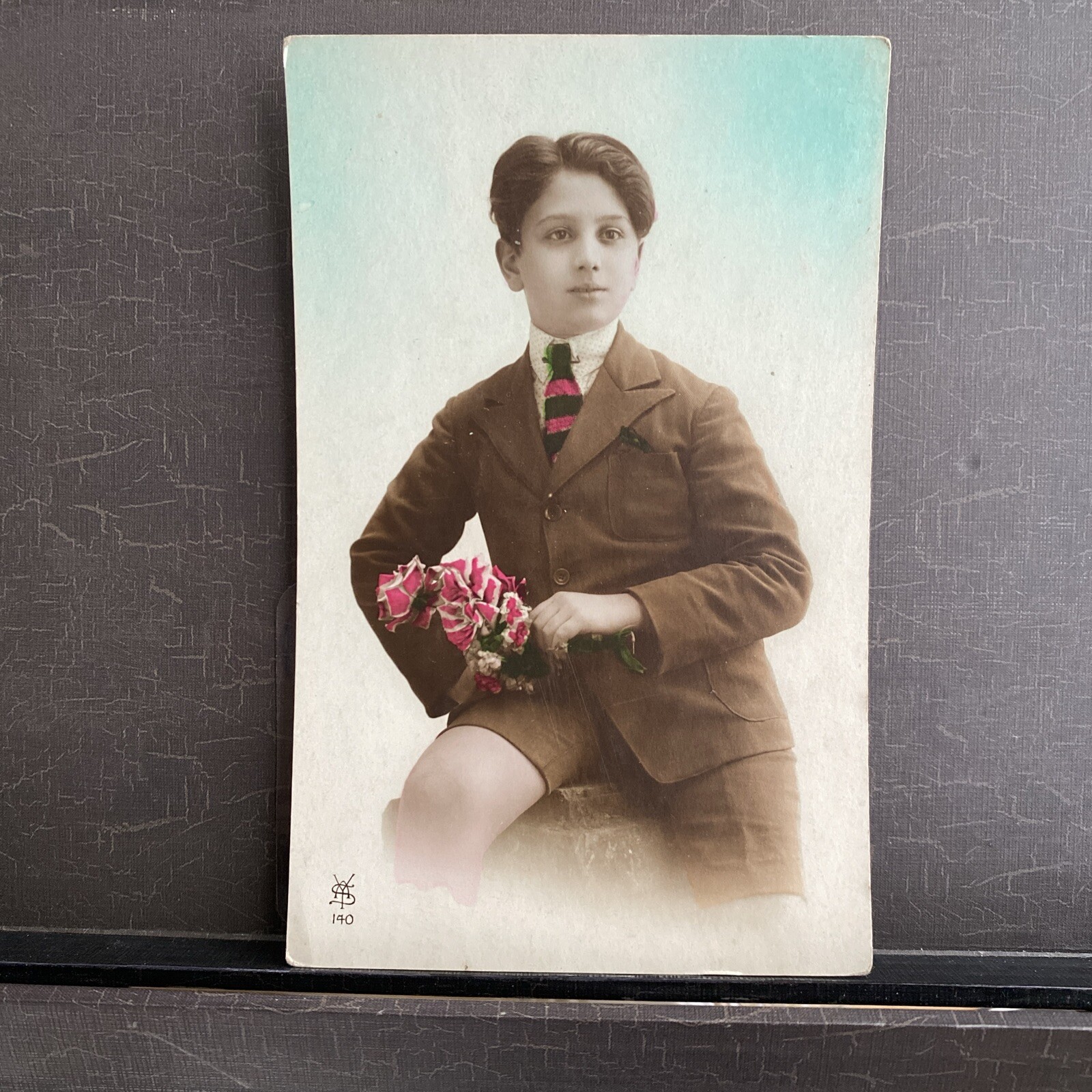 French colorized RPPC Photo Postcard YOUNG BOY with Flowers Fabvinty