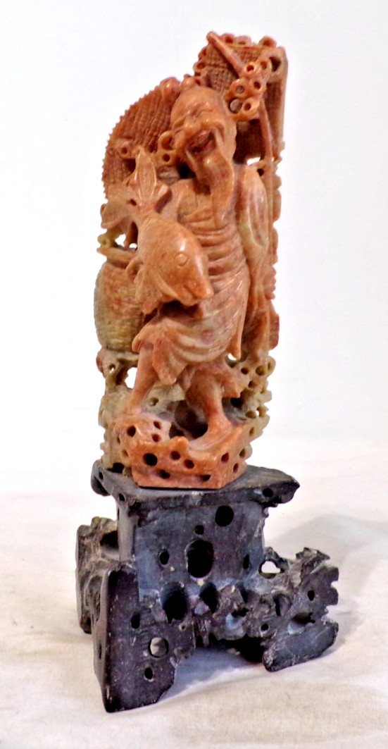 Vintage Chinese Carved Soapstone immortal Figure Holding A Fish - See Below - LT Vintage Chinese Carved Soapstone immortal Figure Holding A Fish - See Below - LT