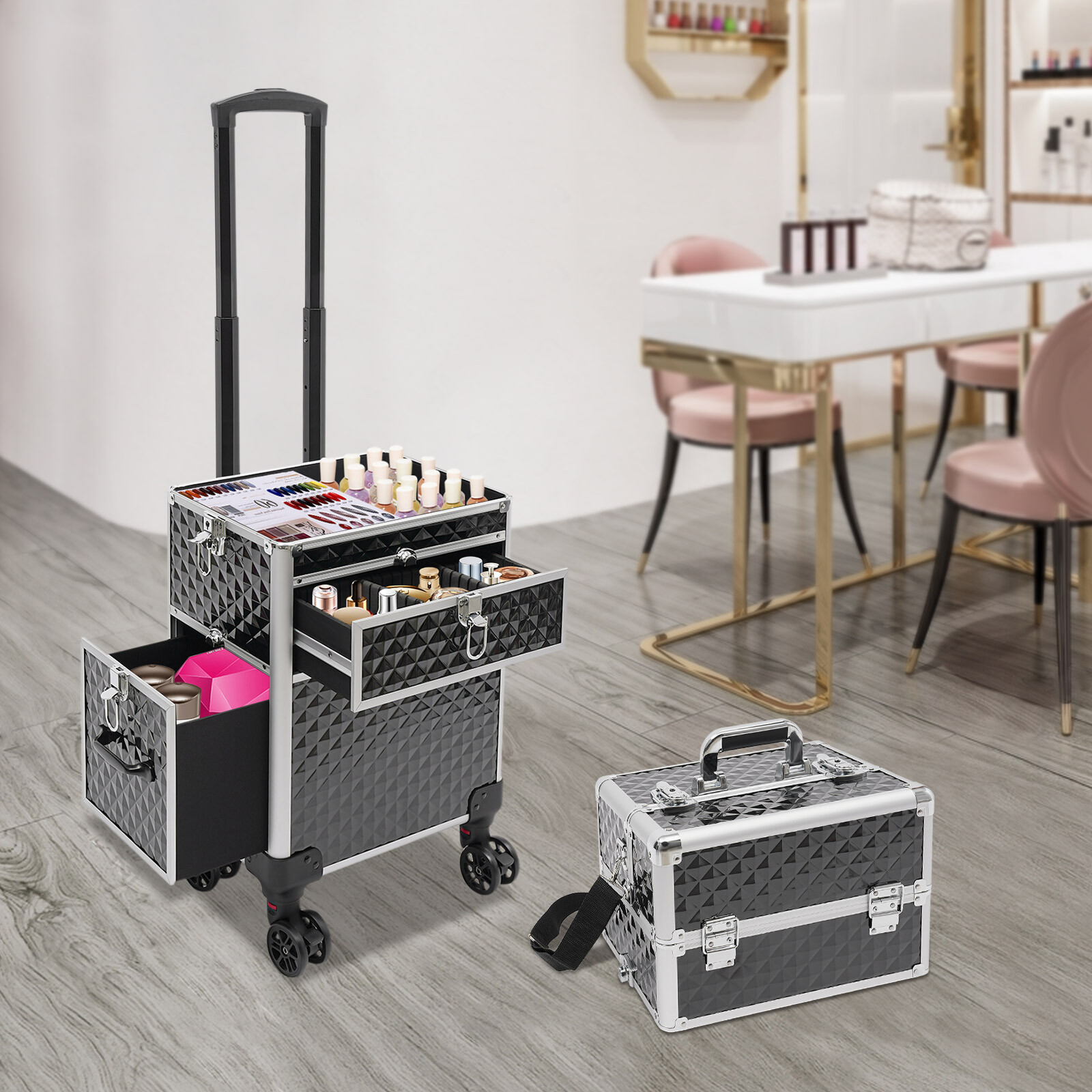 Heavy-duty Salon Trolley W/ Wheels Tiered Rolling Makeup Cases With Lock