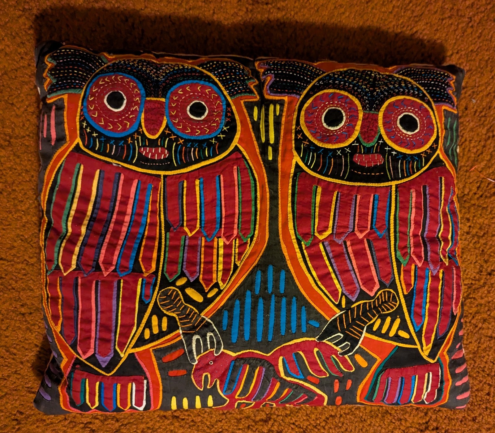 Vintage Kuna Mola Predatory Owls Handmade Textile Pillow 16x13