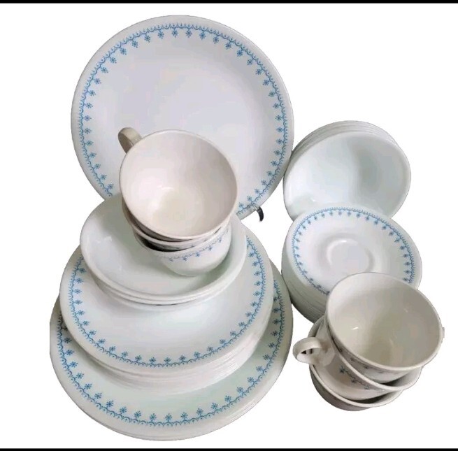 Large Lot 51 Corelle Corning Snowflake Dinner Luncheon Plates Bowls Cups Saucers