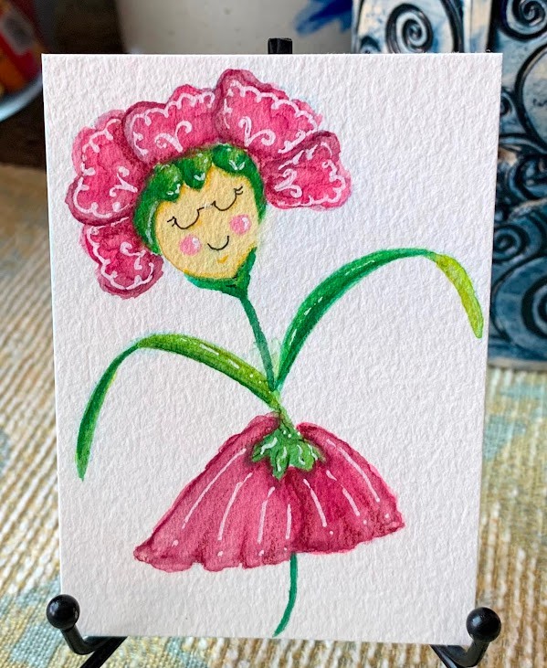 aceo original art, signed, Maroon Flox pink dancing flower girl   2.5 \