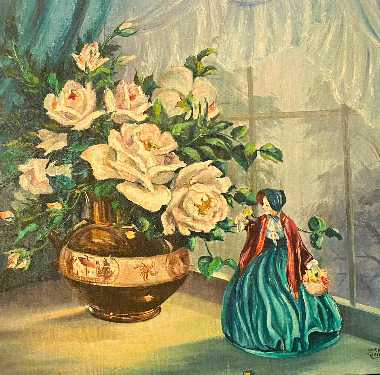 VTG Jerry Quier Signed Still Life Roses Vase Figurine Oil Canvas Painting 20x24”