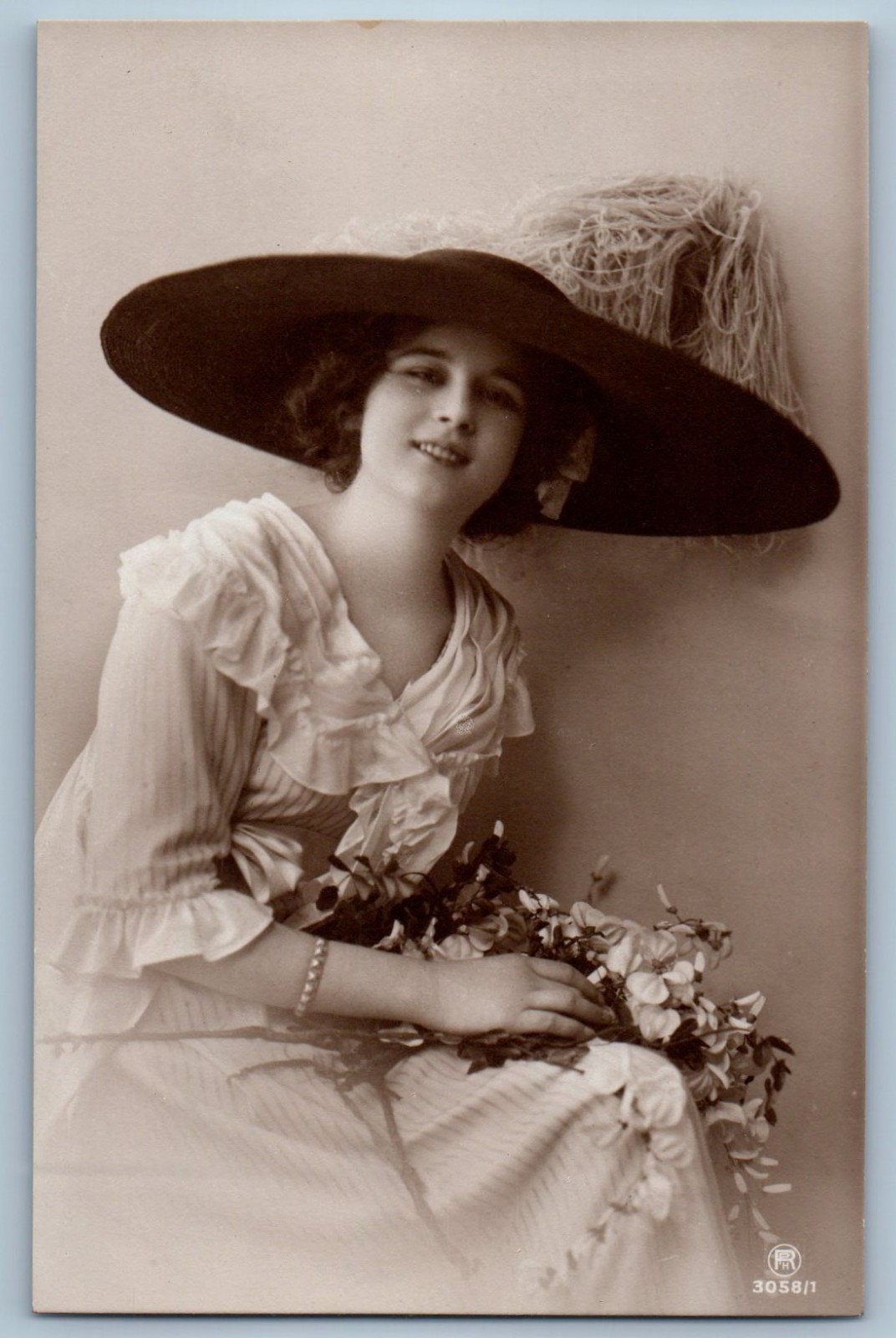 c1910s Pretty Woman With Big Hat And Flowers Smiling RPPC Photo Antique Postcard c1910s Pretty Woman With Big Hat And Flowers Smiling RPPC Photo Antique Postcard