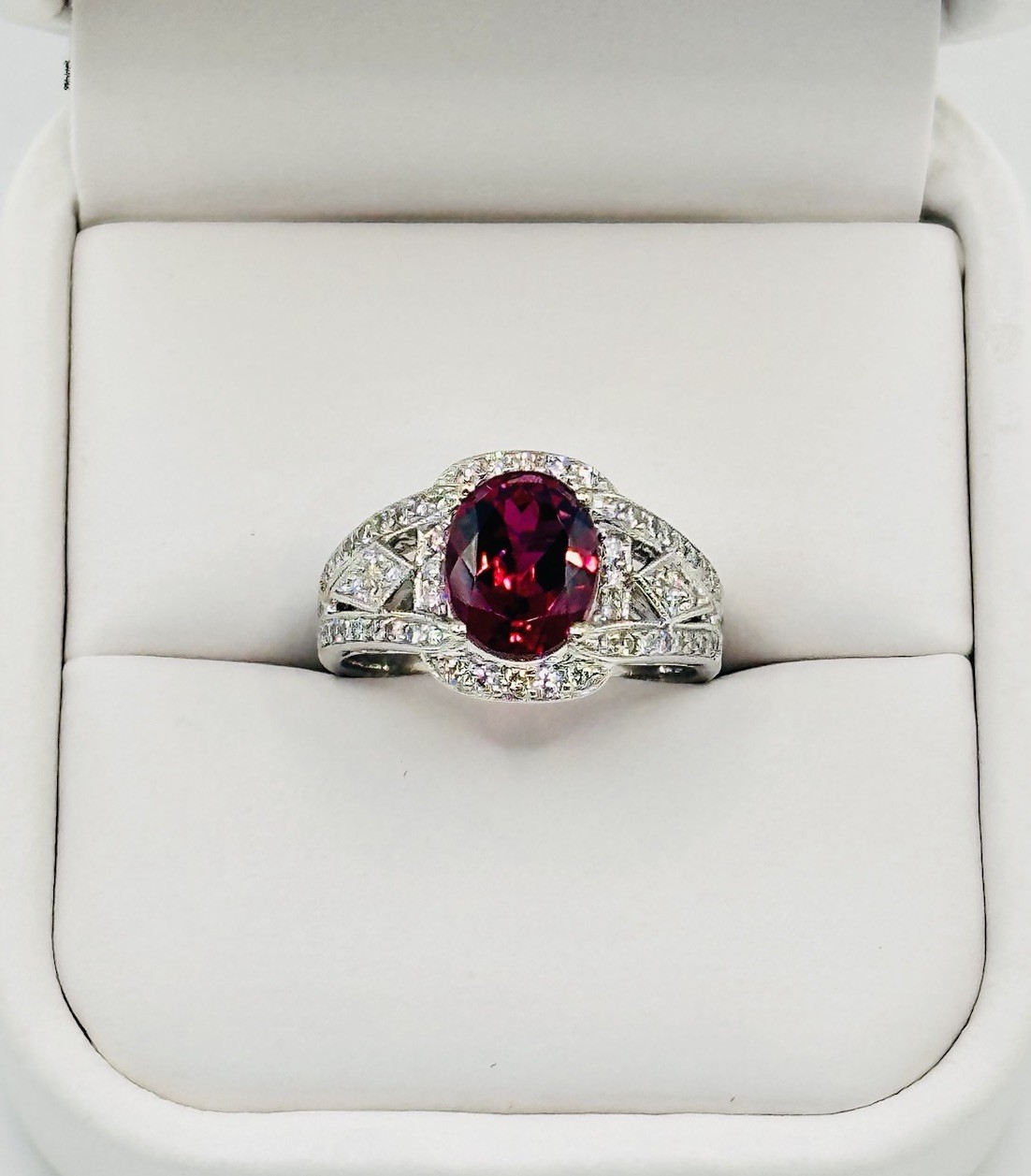 Simon G. 2.75cttw Natural Rubellite Tourmaline Diamond Halo Ring 18k White Gold