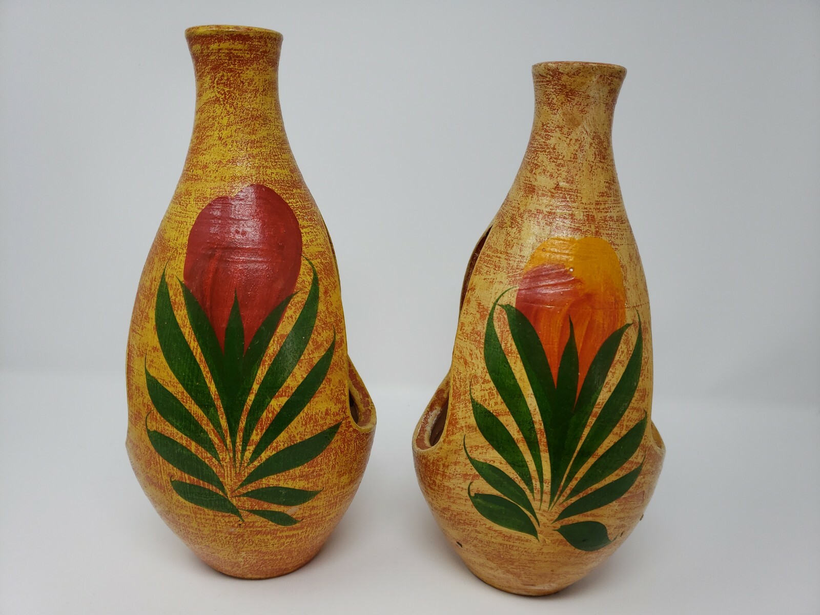 Vintage Pair Mexican Style Painted Pottery Candle Holder Incense Burner Floral