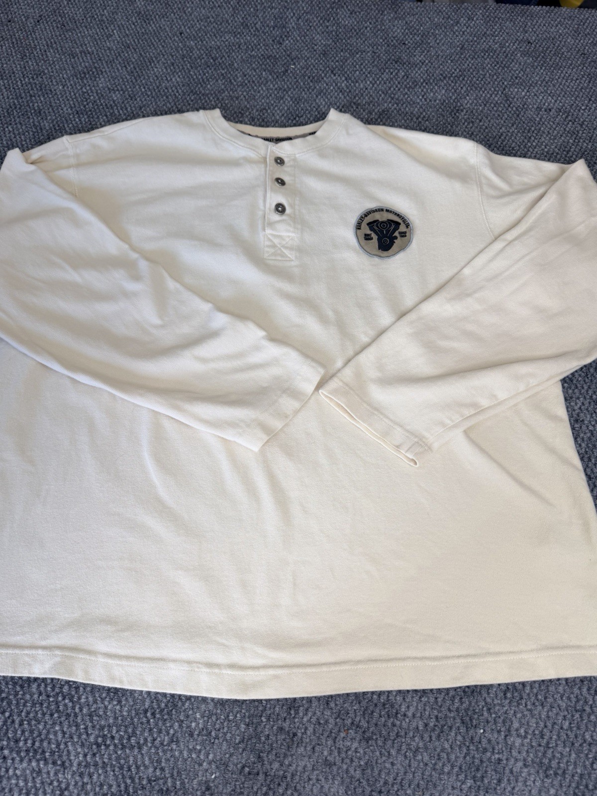 Vintage Y2K Harley Davidson Henley Shirt Mens XL Cream Embroidered V-Twin Flames Vintage Y2K Harley Davidson Henley Shirt Mens XL Cream Embroidered V-Twin Flames
