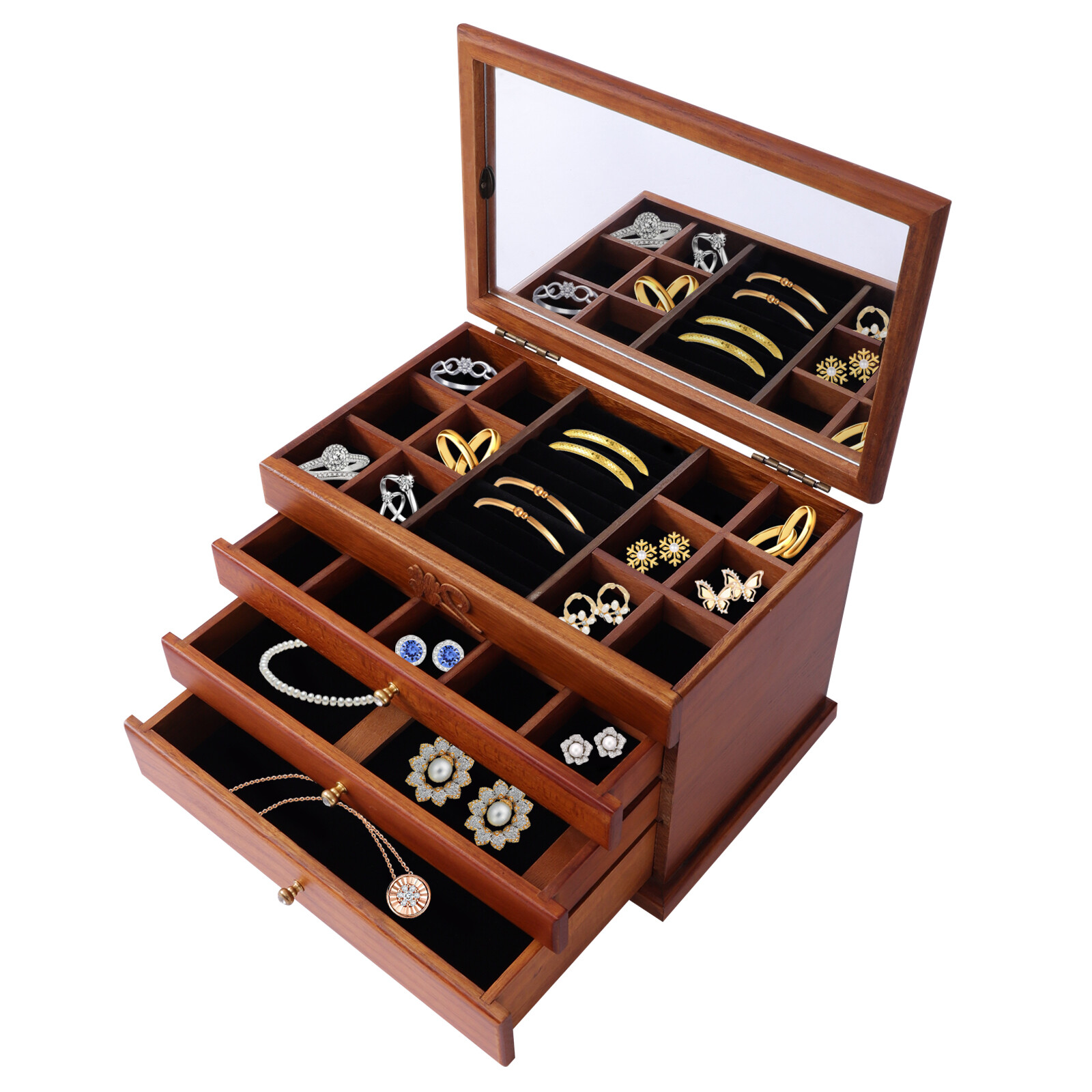 Vintage 4 Layers Jewelry Box Wooden Pack Storage Organizer Case Whith 4 Drawers