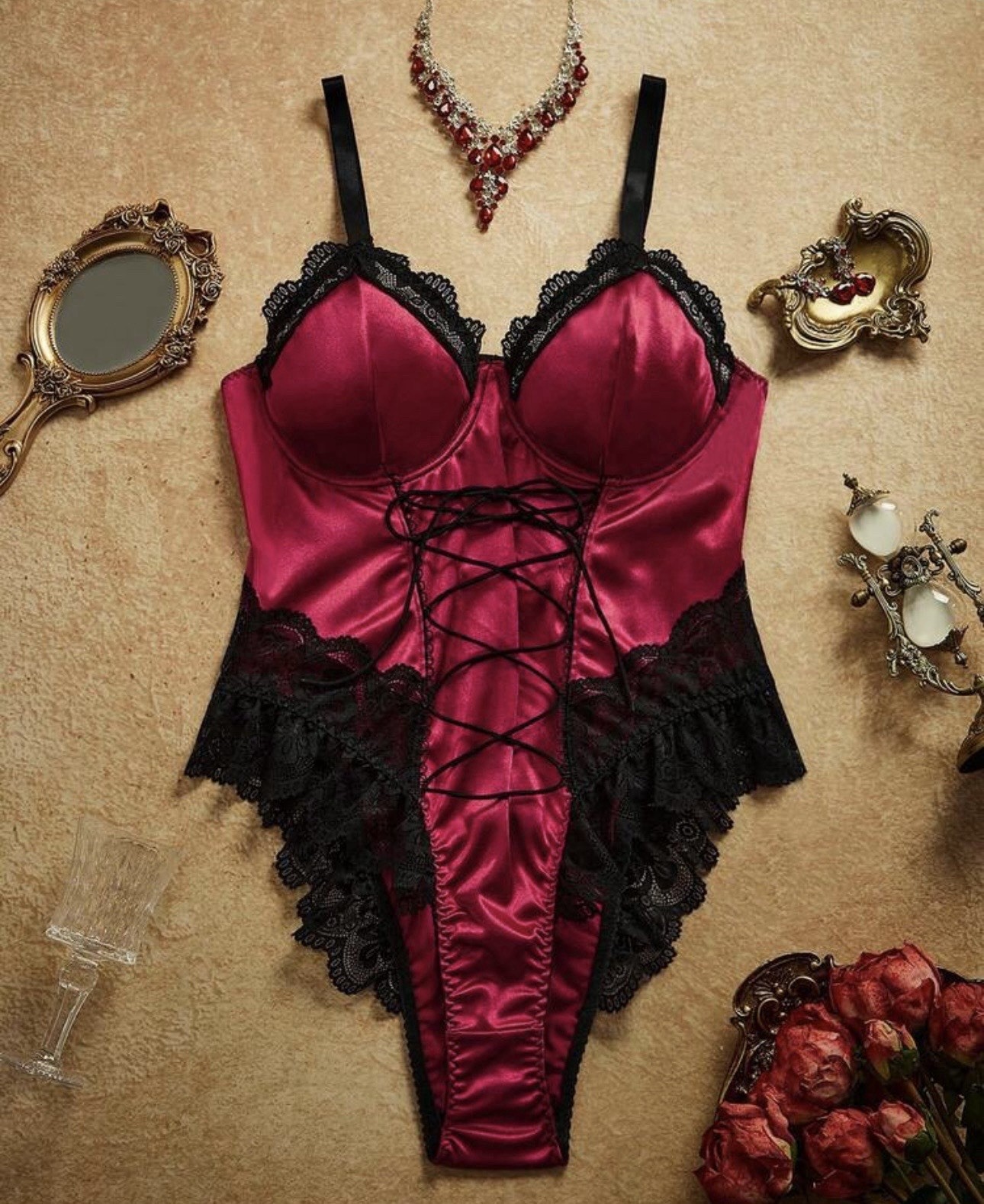 VTG Styl 2nd Skin Satin, Frilly Lace Up Bodysuit TEDDY Romper PLUS 3X 3Xl NEW VTG Styl 2nd Skin Satin, Frilly Lace Up Bodysuit TEDDY Romper PLUS 3X 3Xl NEW
