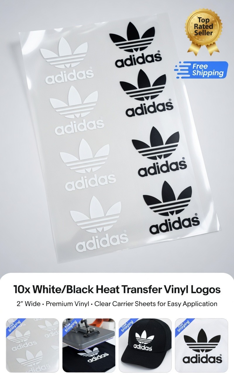 10x ADIDAS White & Black Heat Transfer Vinyl Logos 10x ADIDAS White & Black Heat Transfer Vinyl Logos